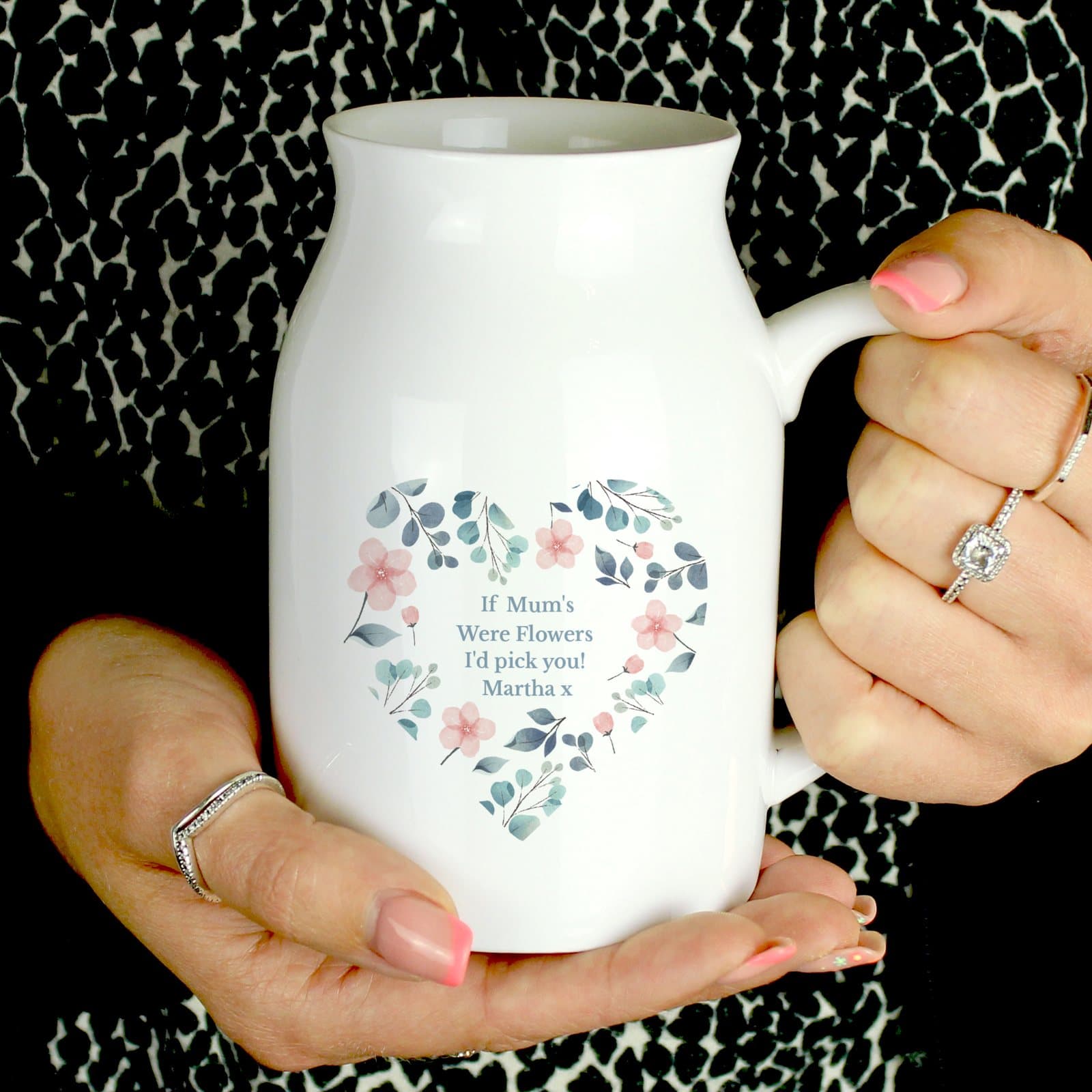 Ceramic floral heart flower jug with personalised message lines