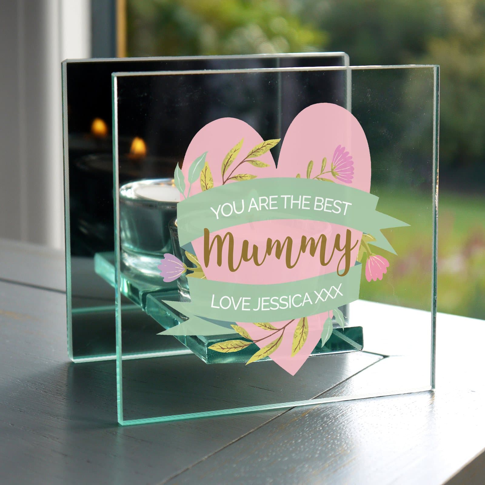 Mirrored glass tea light holder with floral heart design and personalised text