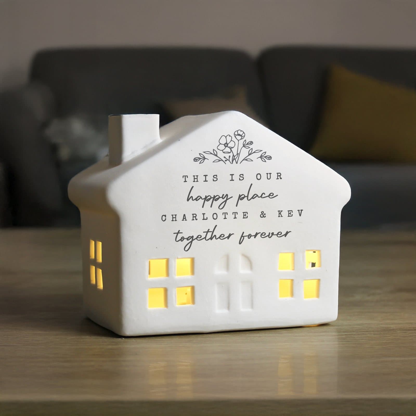 Personalised floral ceramic LED house with cut-out windows