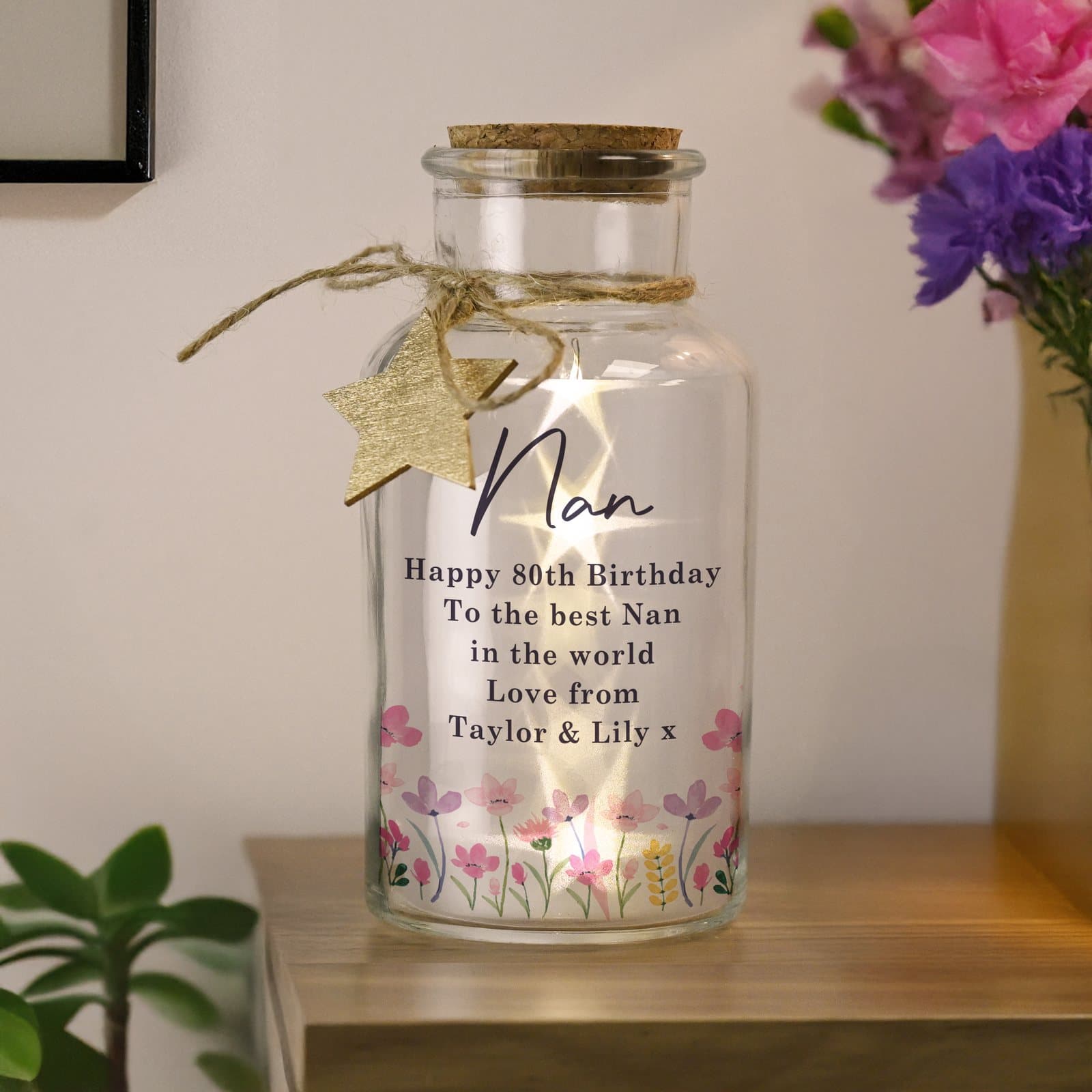 Personalised floral LED glass jar with a name and message