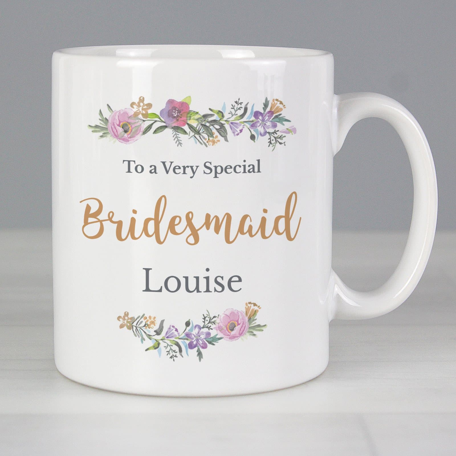 Personalised ceramic mug with a floral design and printed message lines