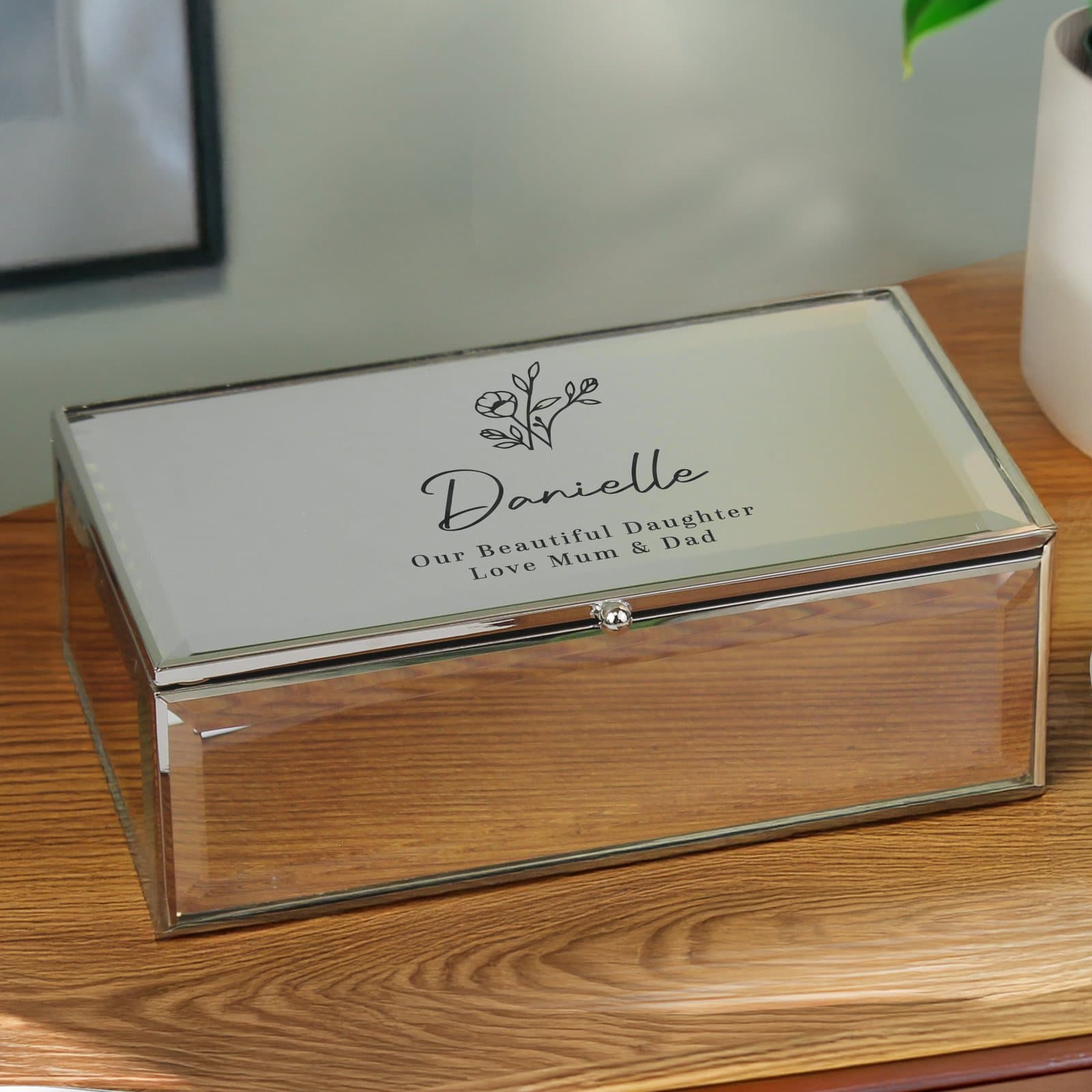 Personalised floral mirrored jewellery box with personalised text