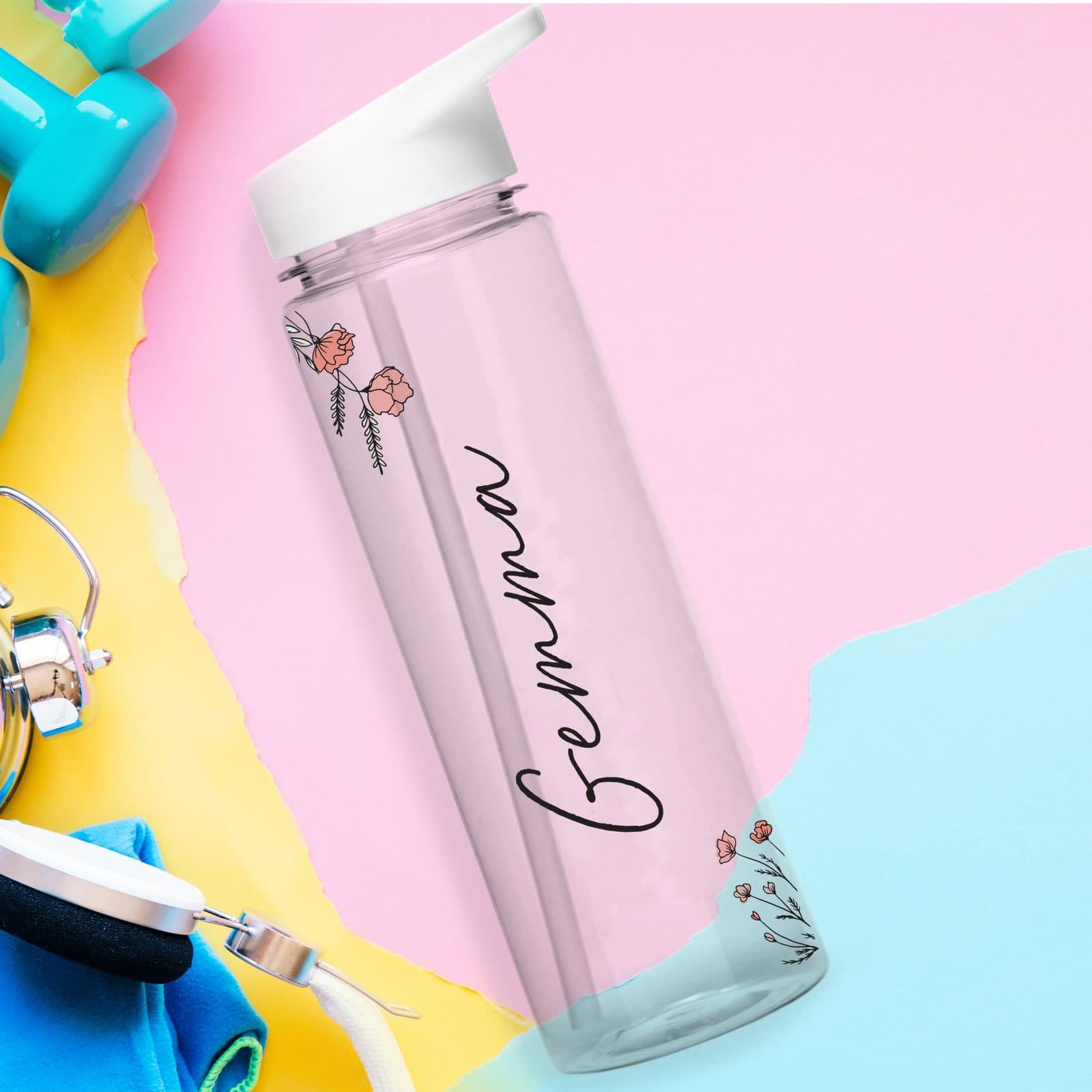 Personalised floral water bottle with white twist-on lid and flip-top straw spout