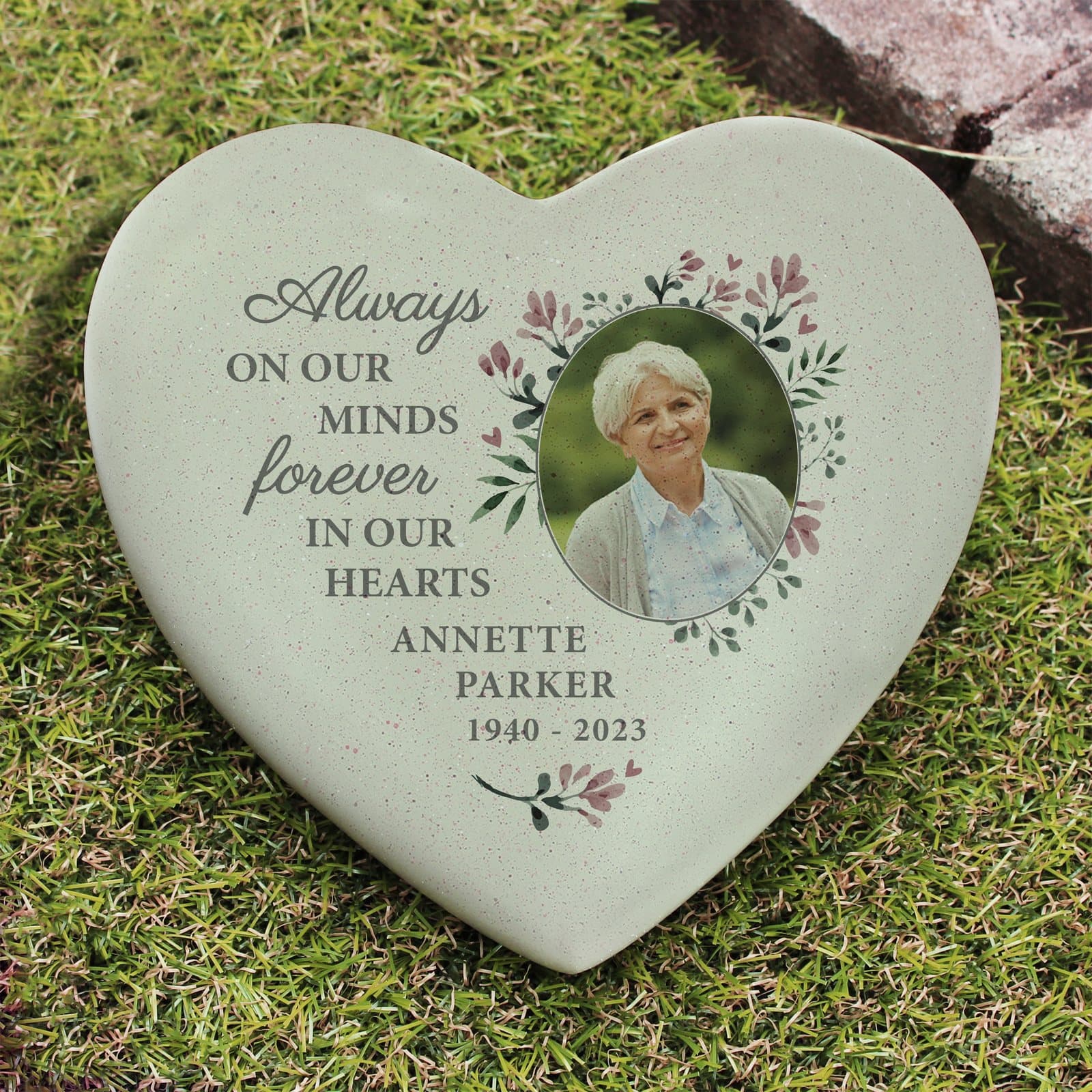 Floral memorial resin heart with photo and three lines of text