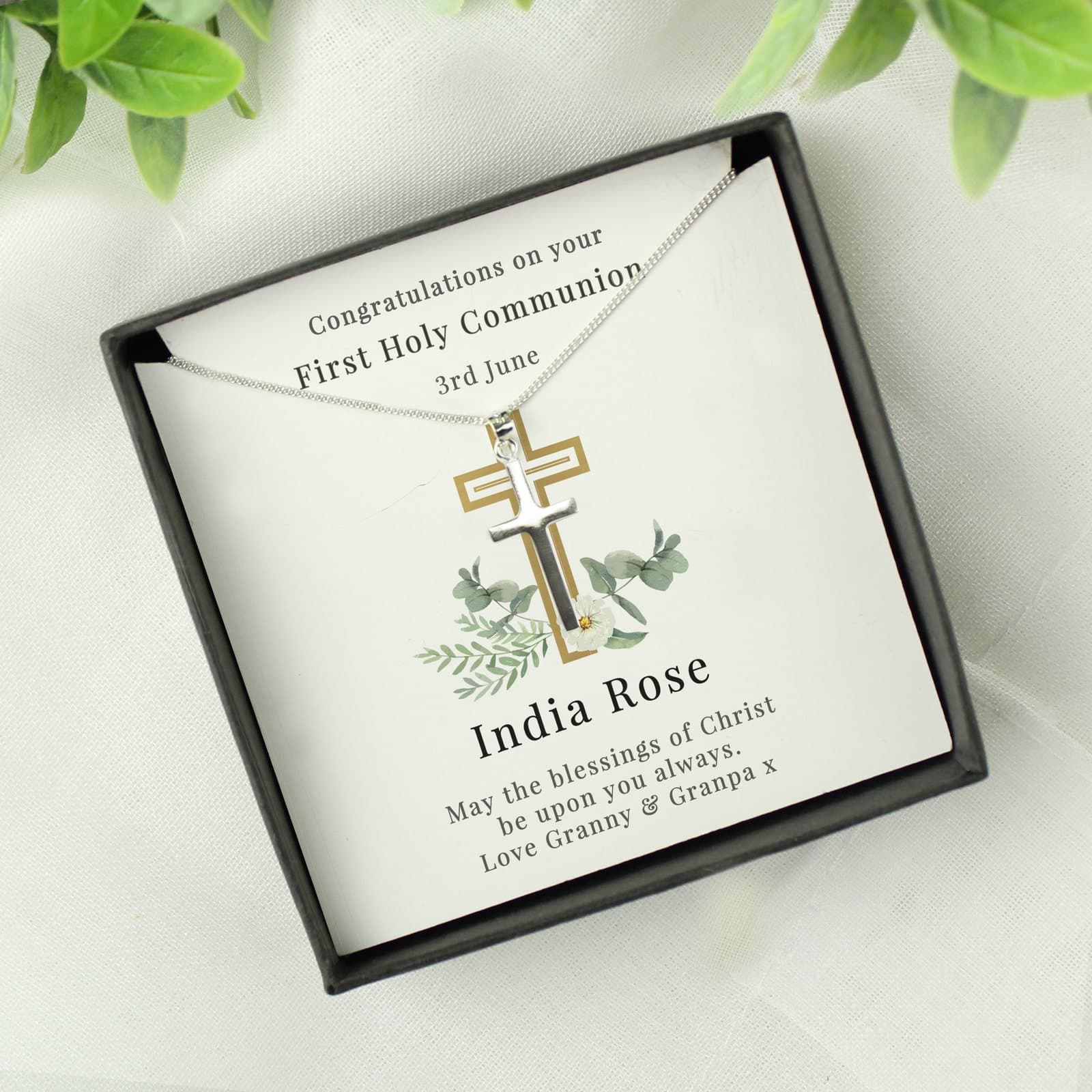 Floral cross necklace presented with a black gift box