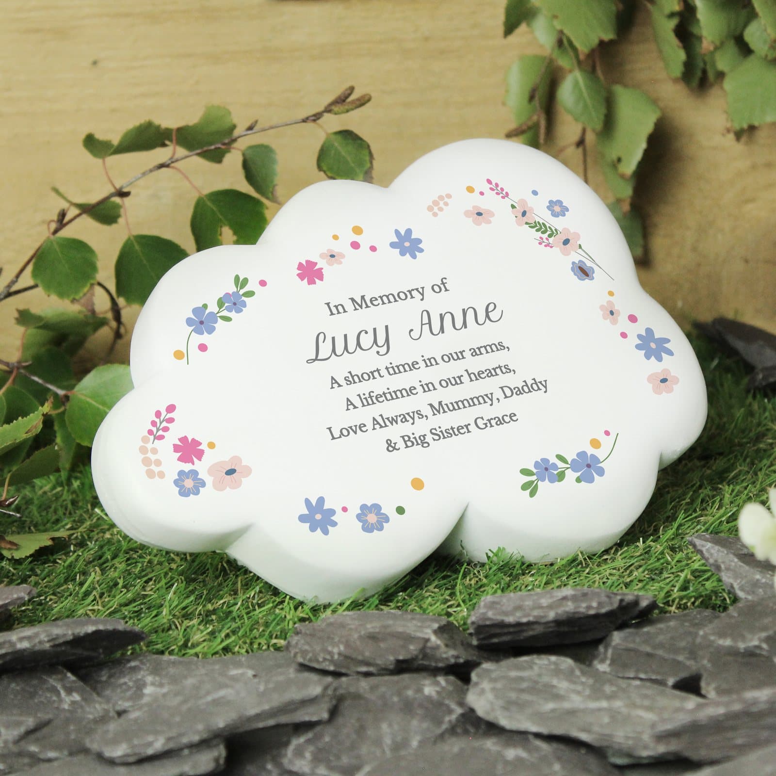Personalised floral resin memorial cloud with lines of text