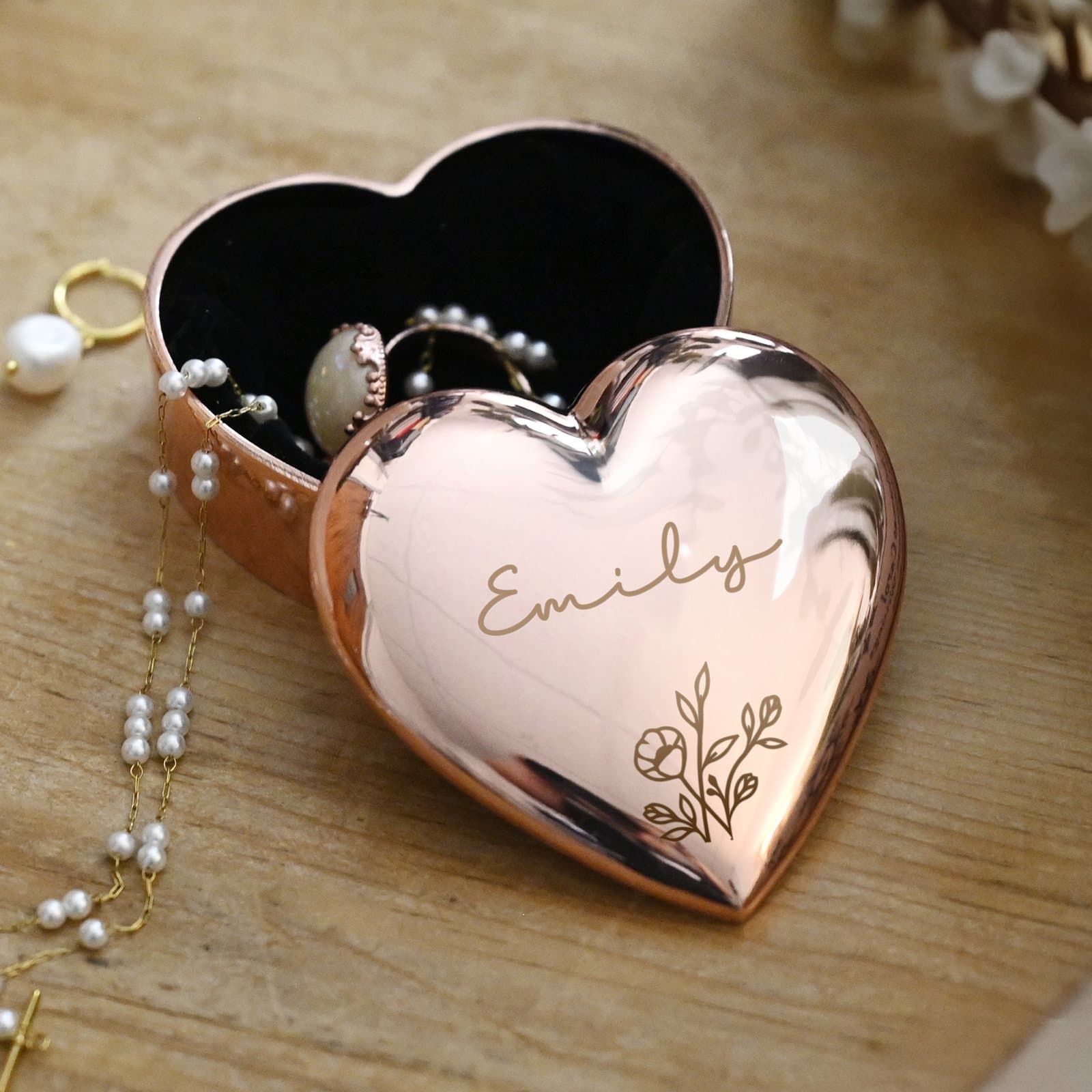 Personalised floral rose gold heart trinket box with a name