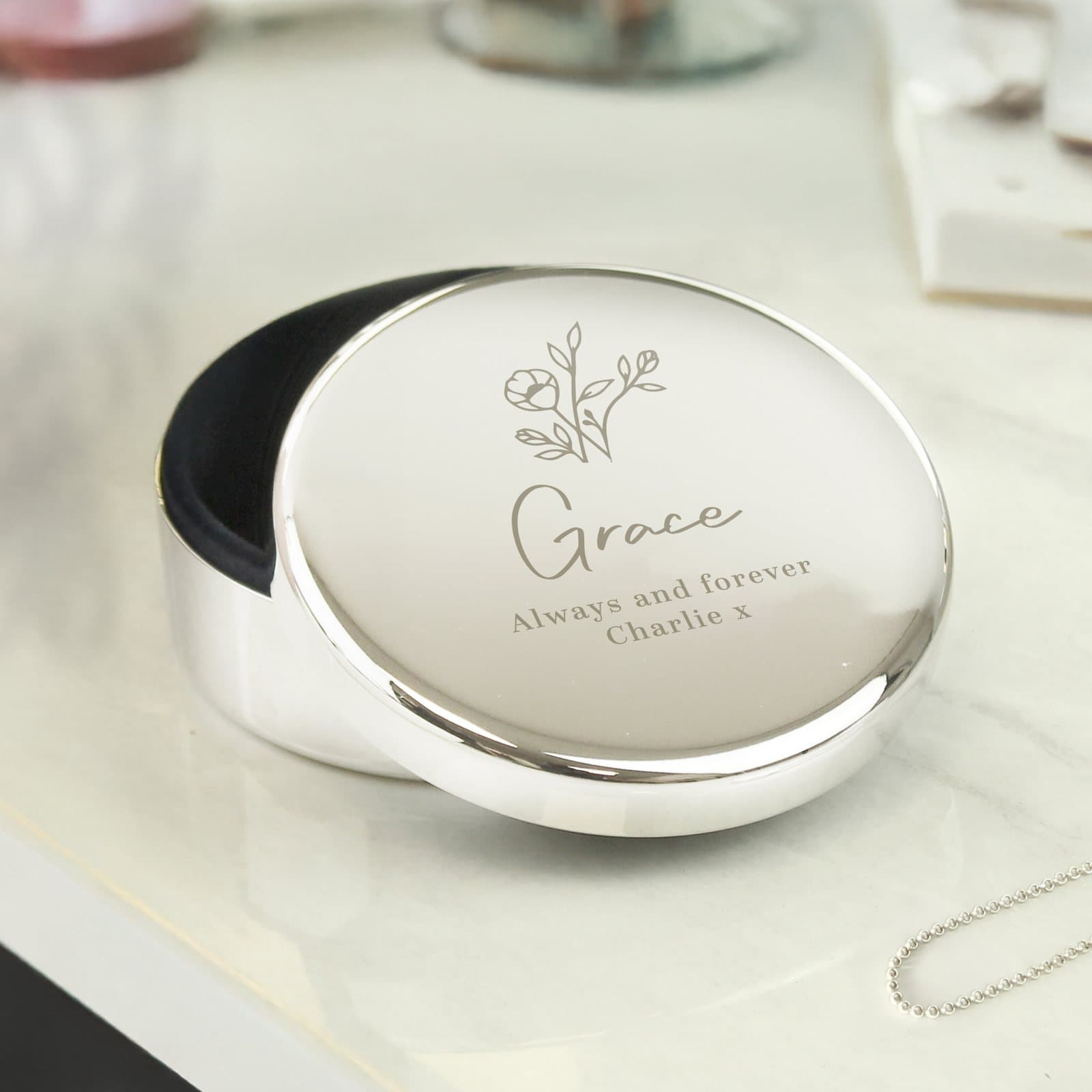 Personalised floral round trinket box with three lines of text