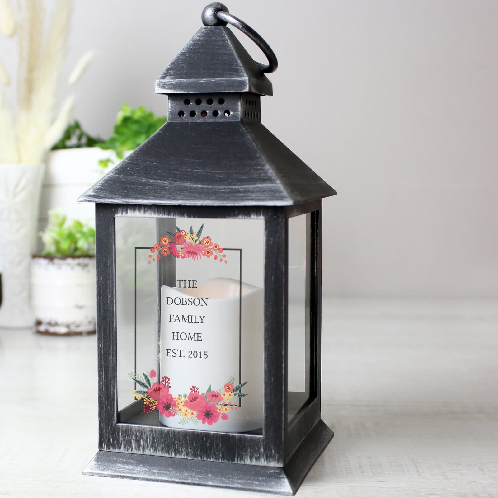 Personalised floral rustic black lantern with lines of text