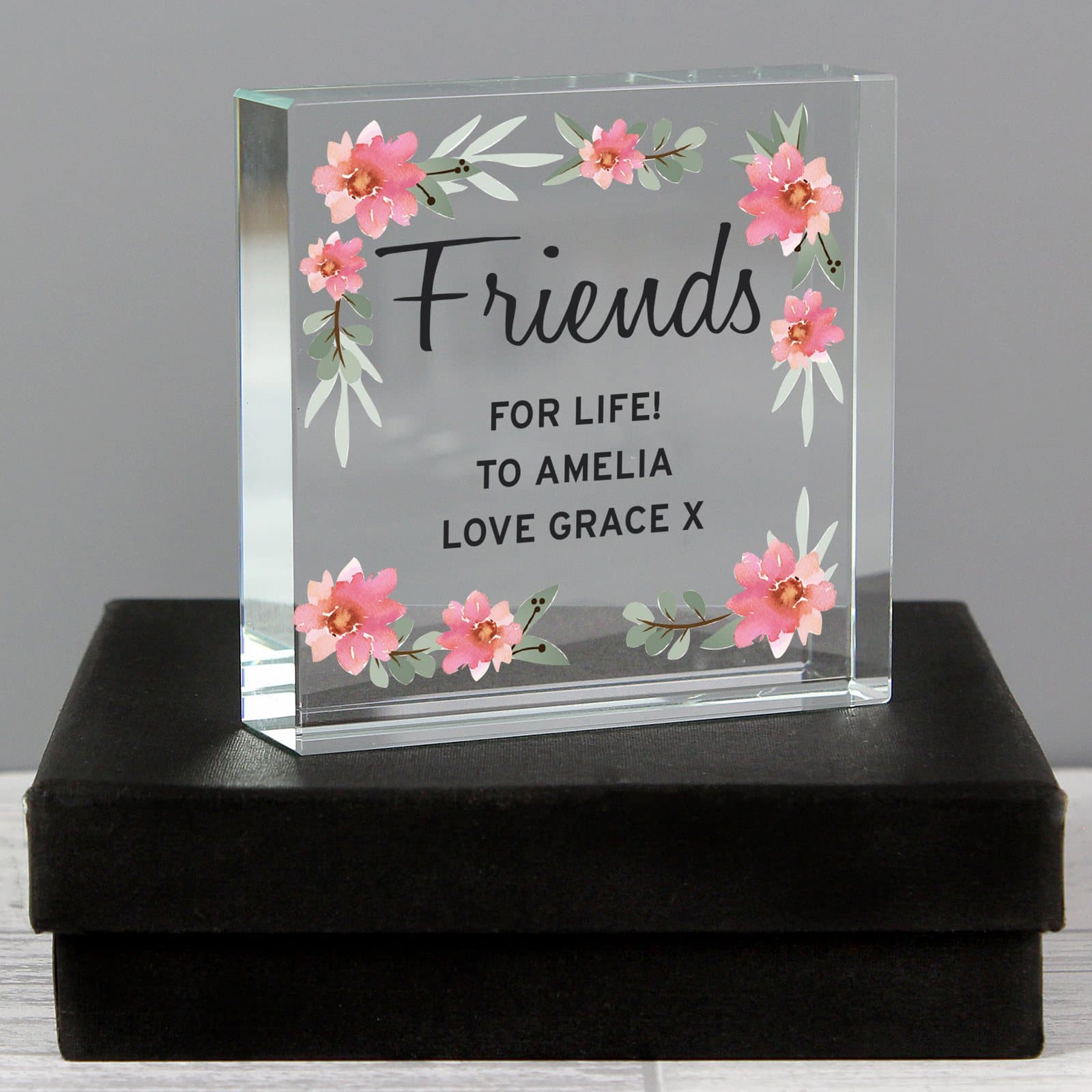 Personalised floral glass crystal token with name and message