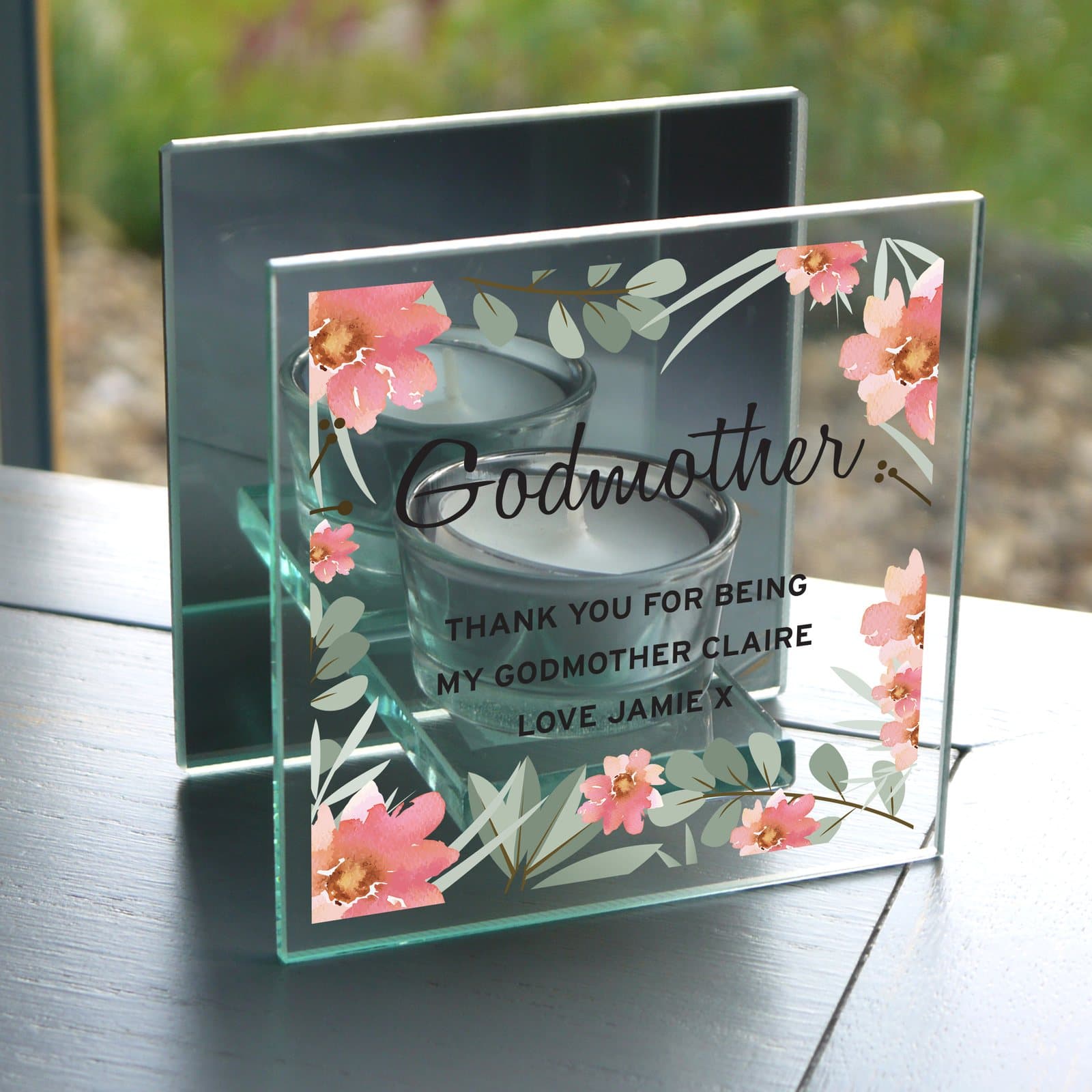 Floral mirrored glass tea light holder with a personalised name and message