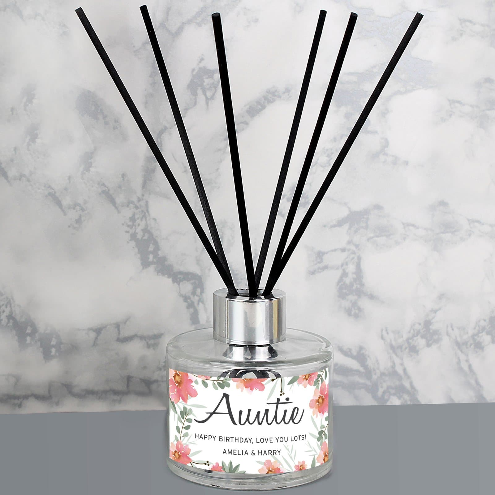 Personalised floral sentimental reed diffuser in glass with a name and message