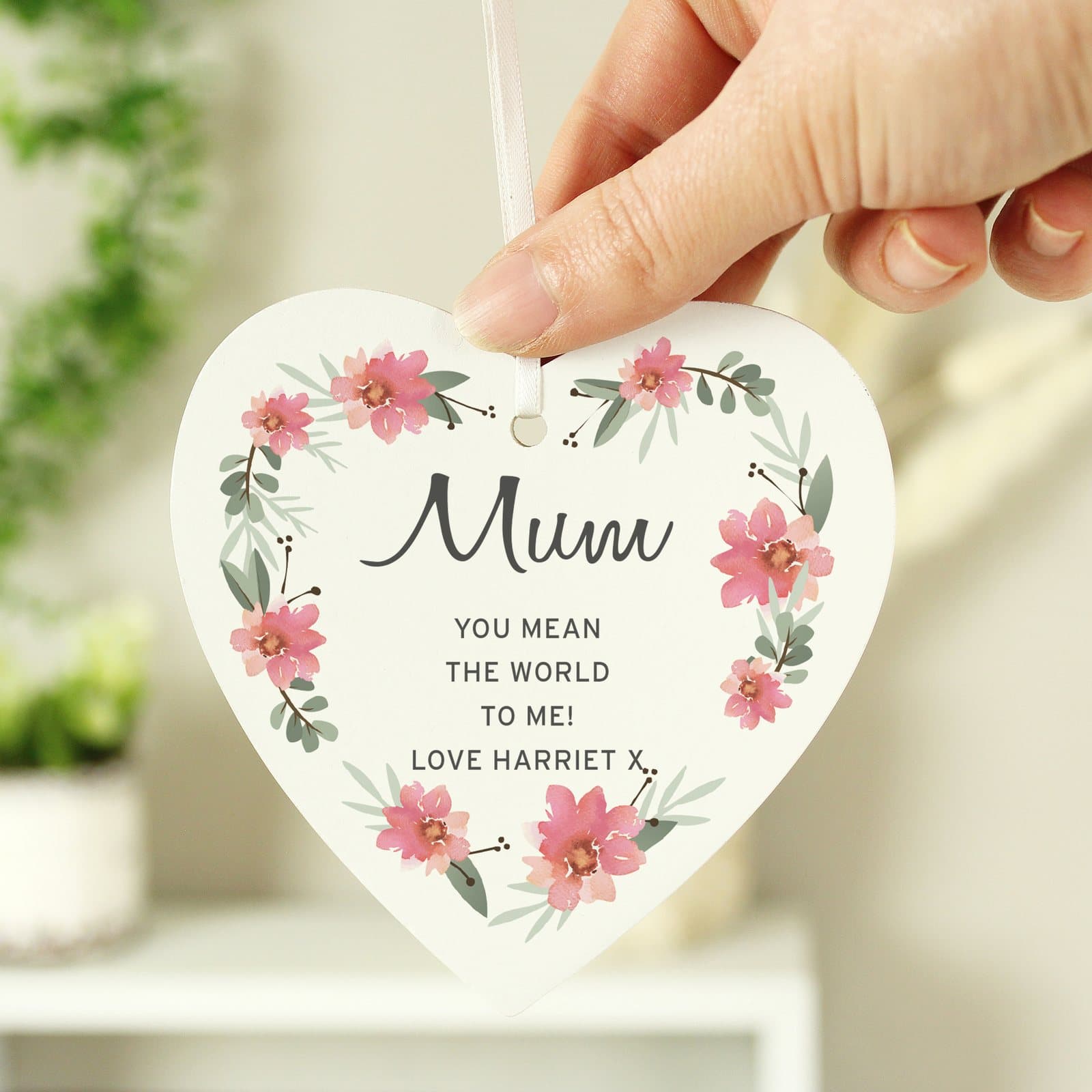 Floral wooden heart decoration with ribbon and personalised text