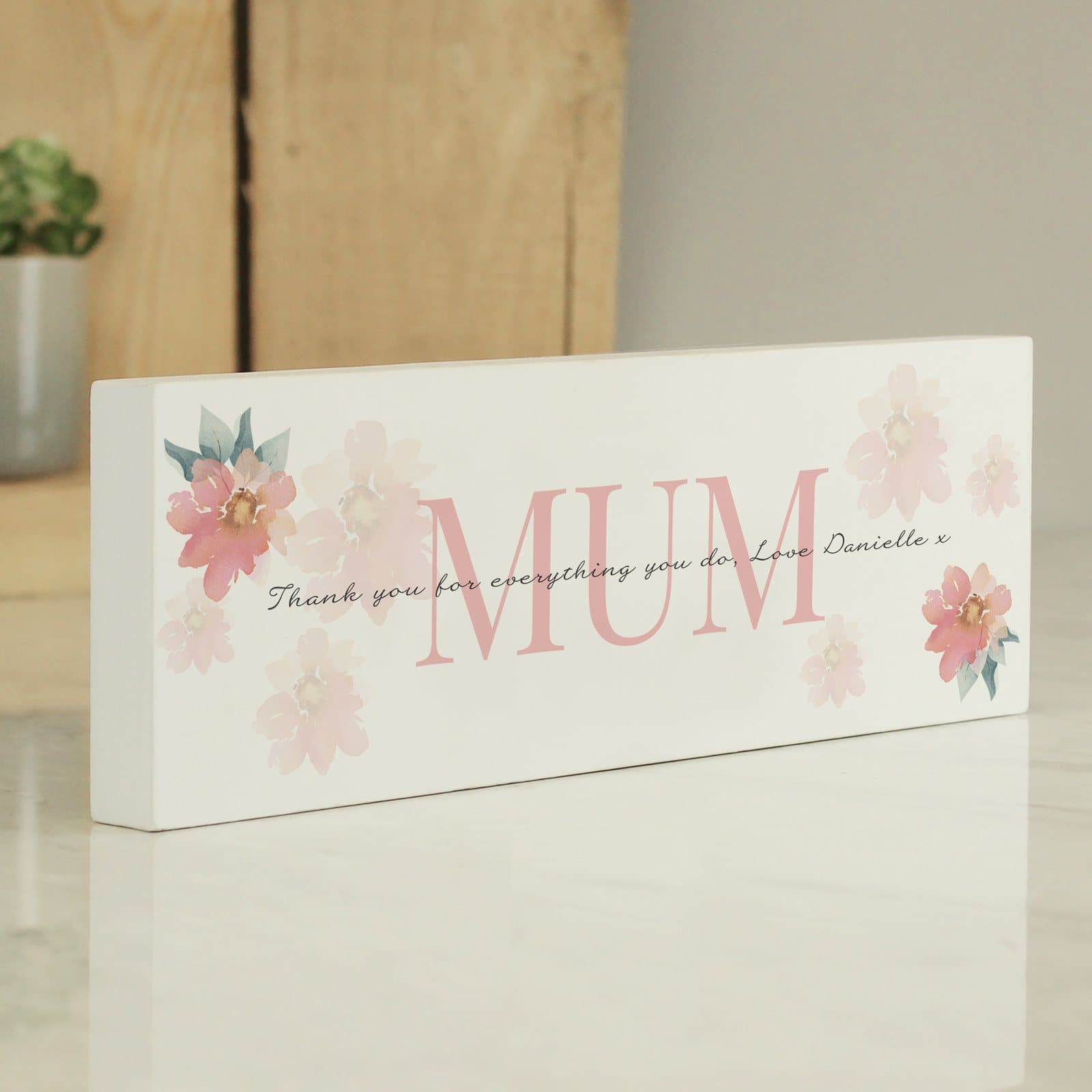 Personalised floral wooden block mantel decoration with name and message