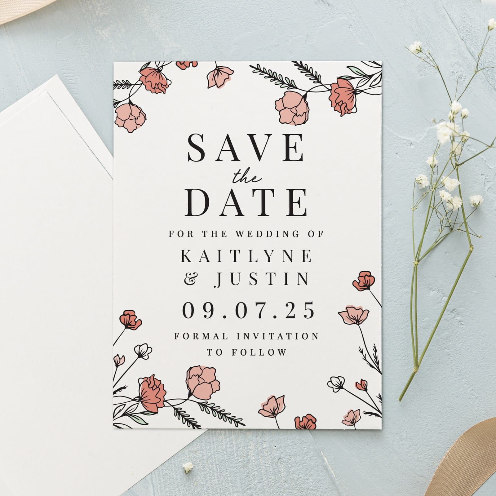 Floral wedding save the date card in pink or gold