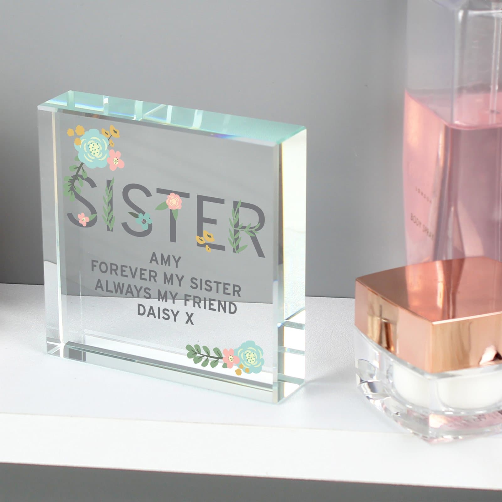 Personalised floral sister glass crystal token with message
