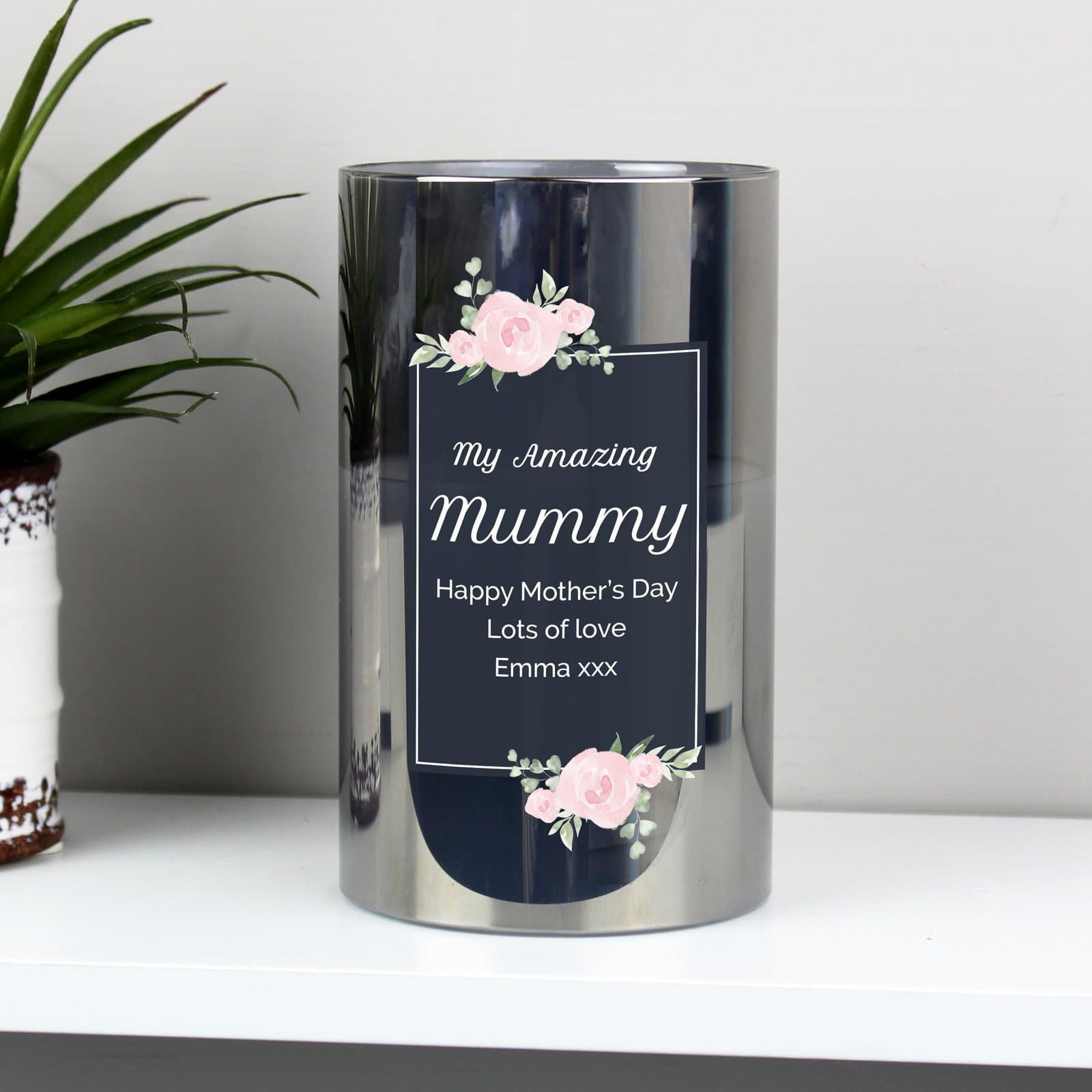 Floral frosted glass LED candle with personalised lines of text