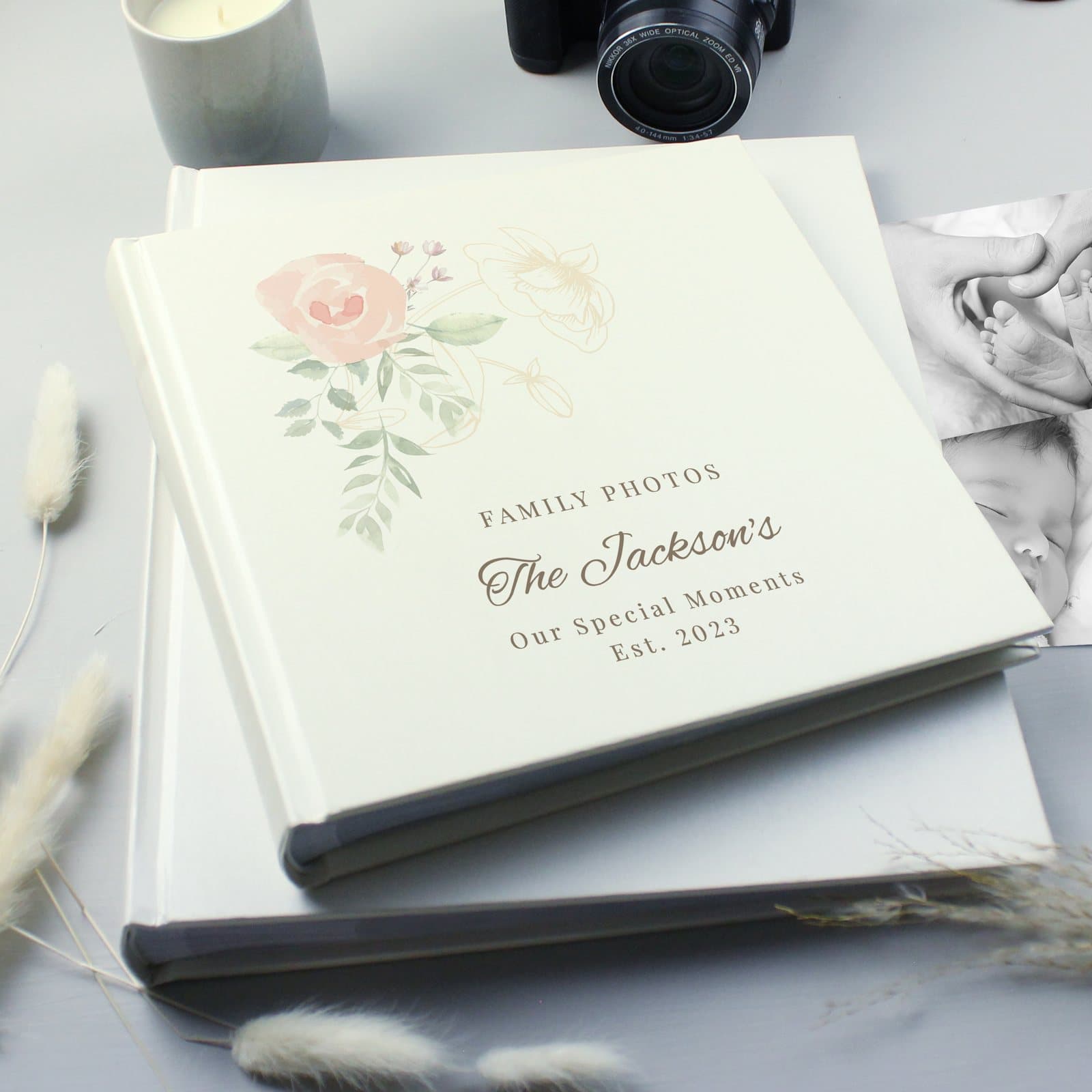 Personalised floral square photo album with a four line personalised message