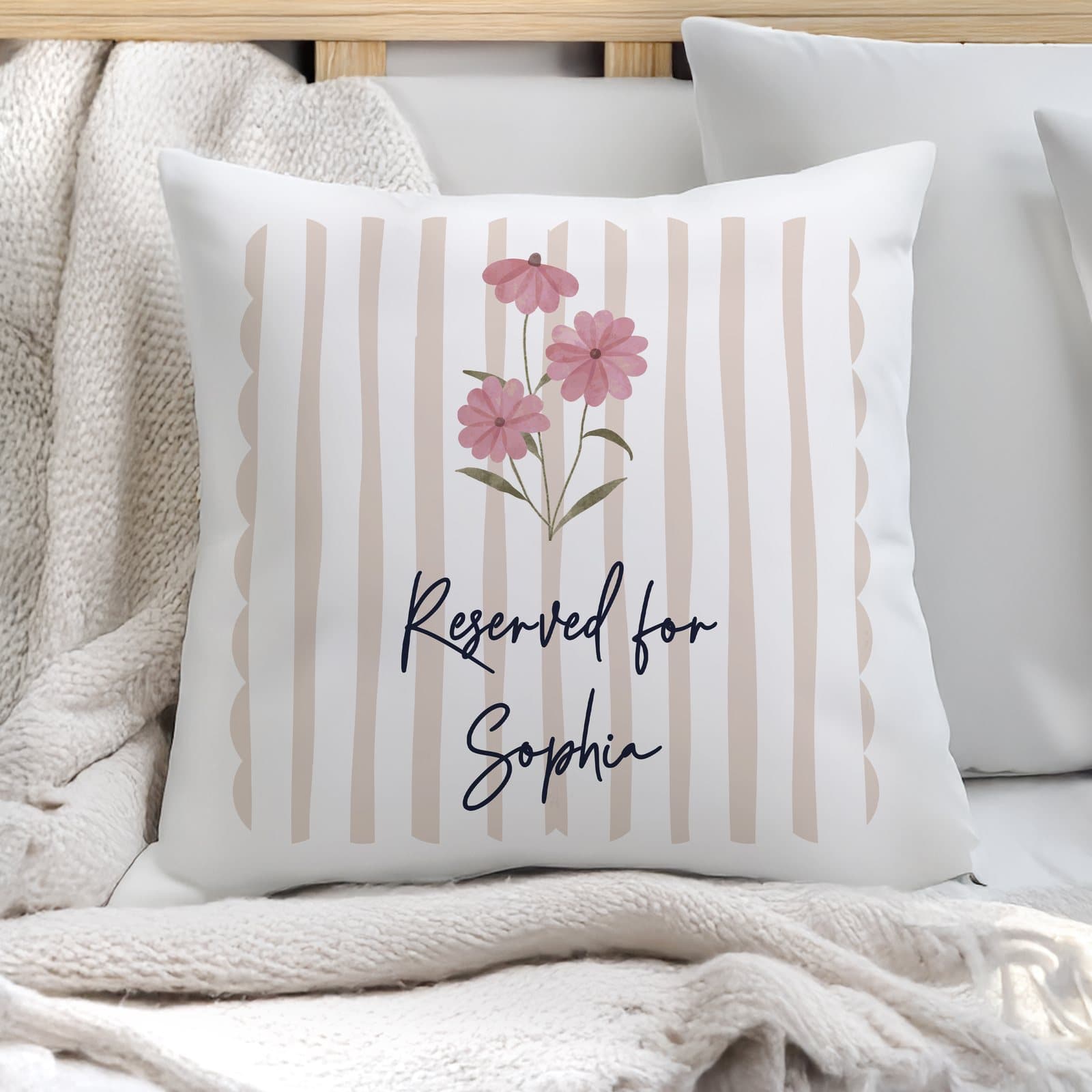 Floral stripe cushion with two lines of personalised text