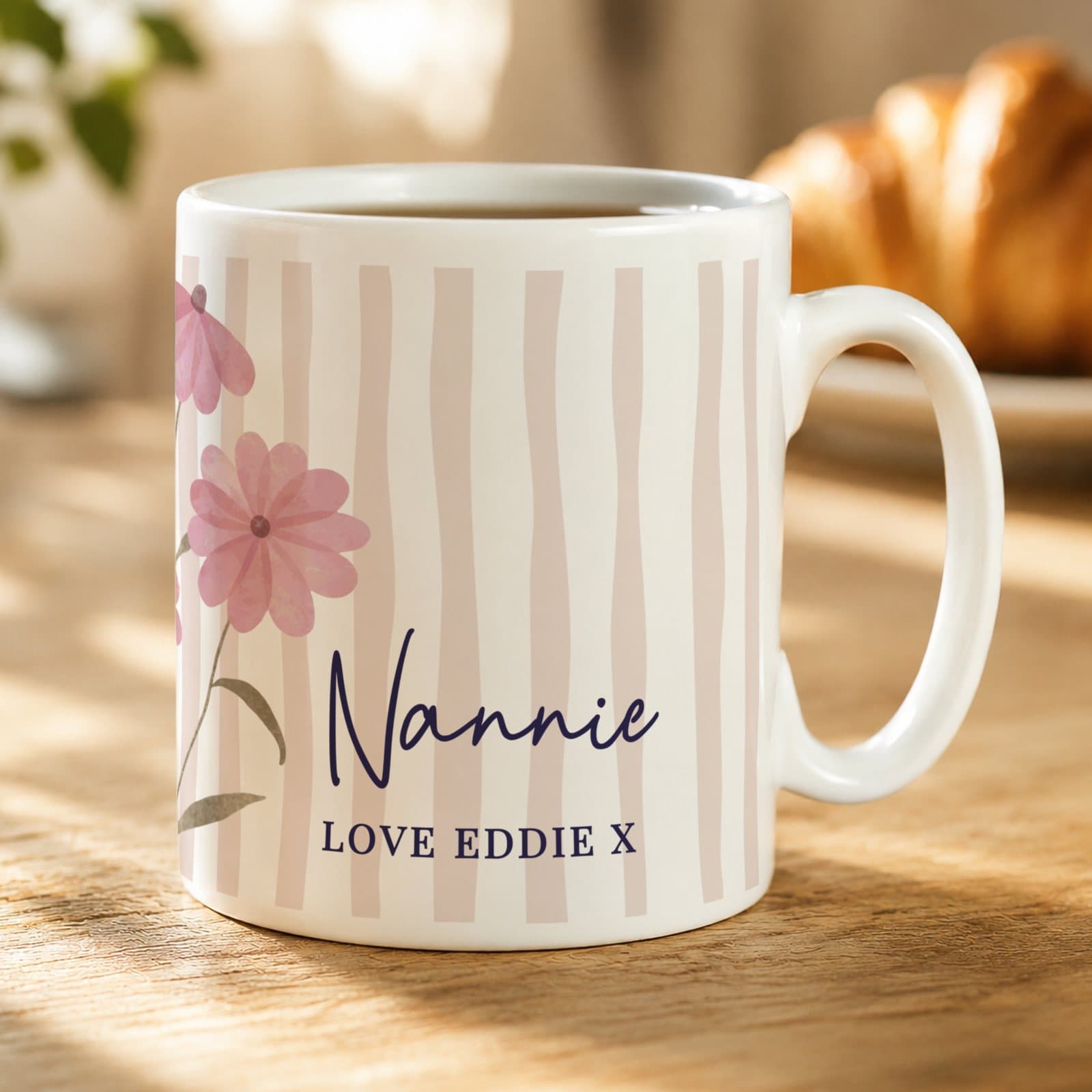 Personalised ceramic mug with a subtle floral stripe design