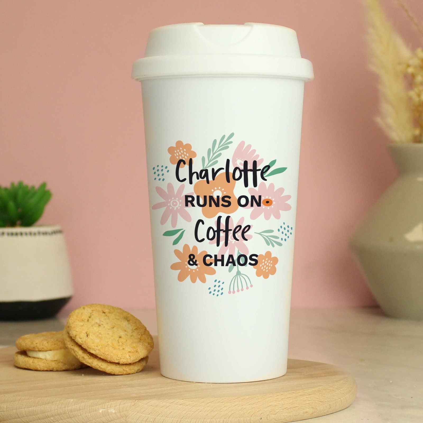 Personalised floral travel mug with screw-on lid
