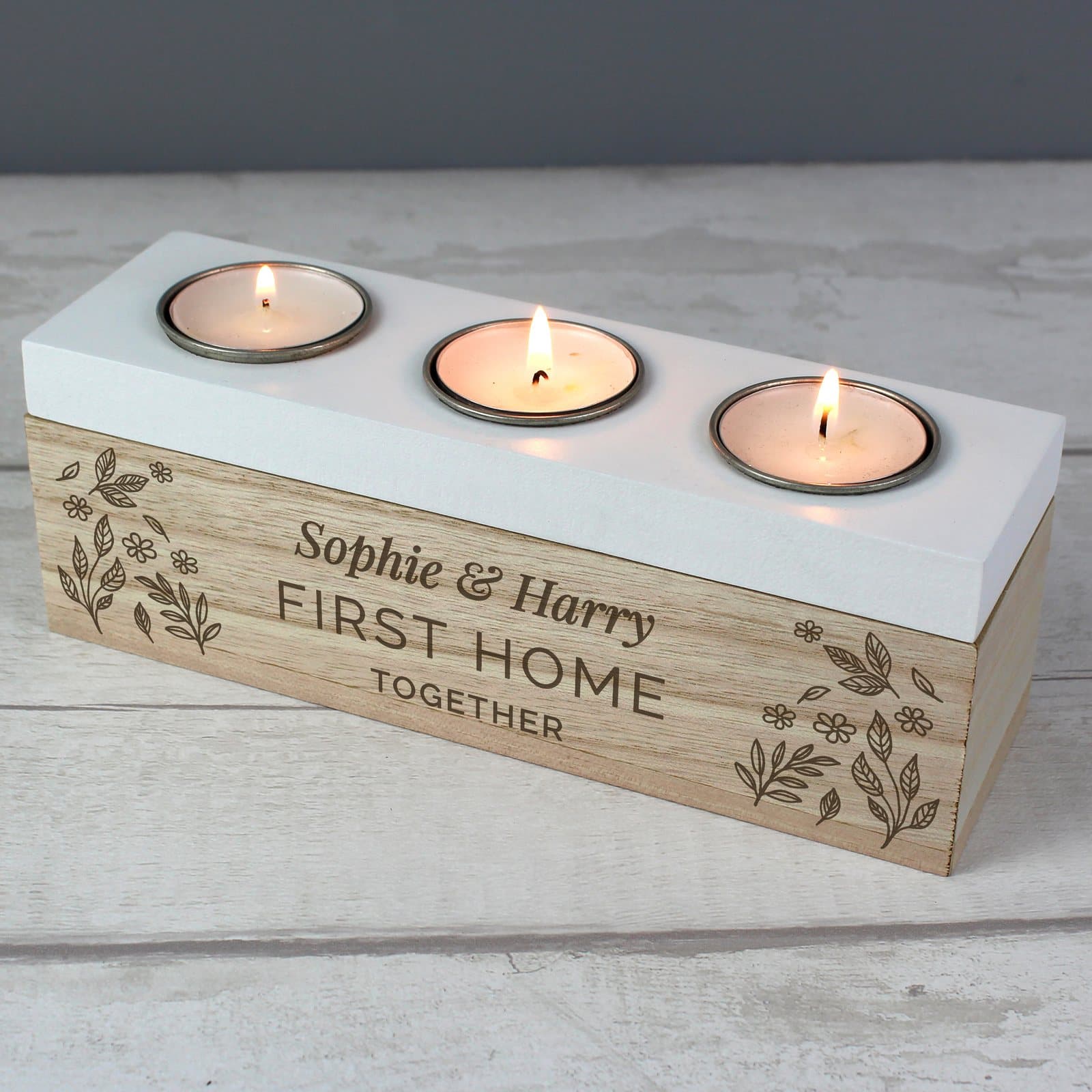 Personalised floral triple tea light box in wood with a lid for three tea lights