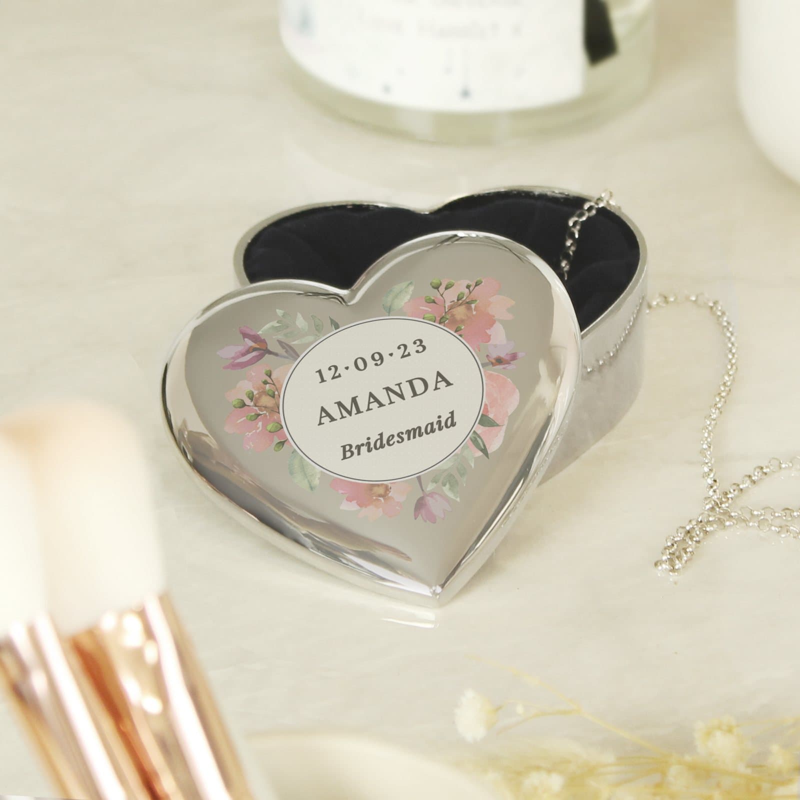 Floral watercolour heart trinket box personalised with a date, name and role