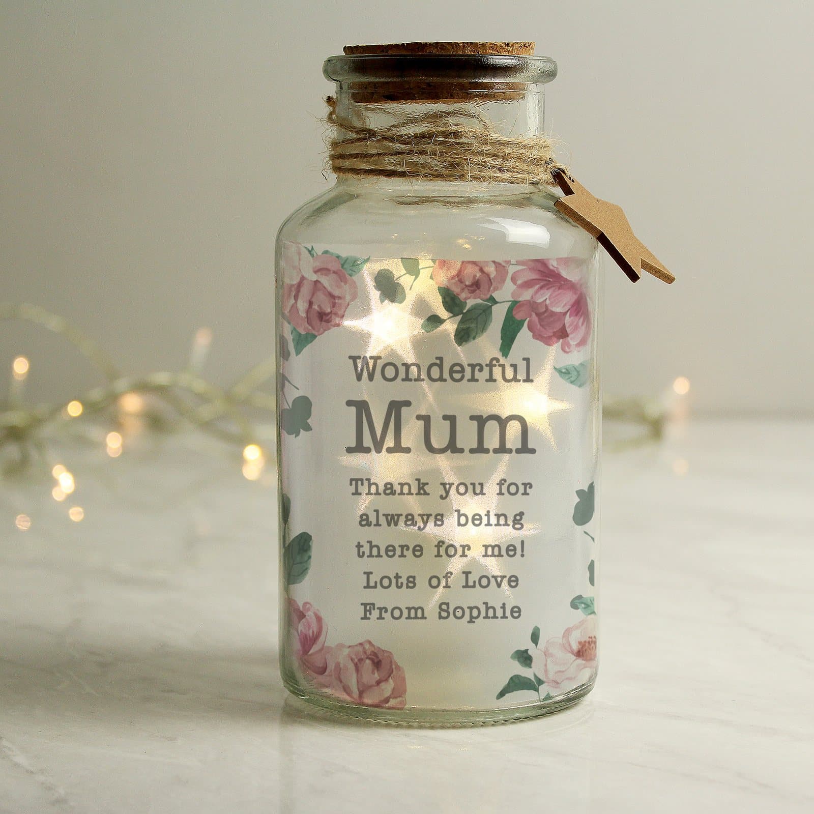Personalised floral watercolour LED glass jar with lines of text