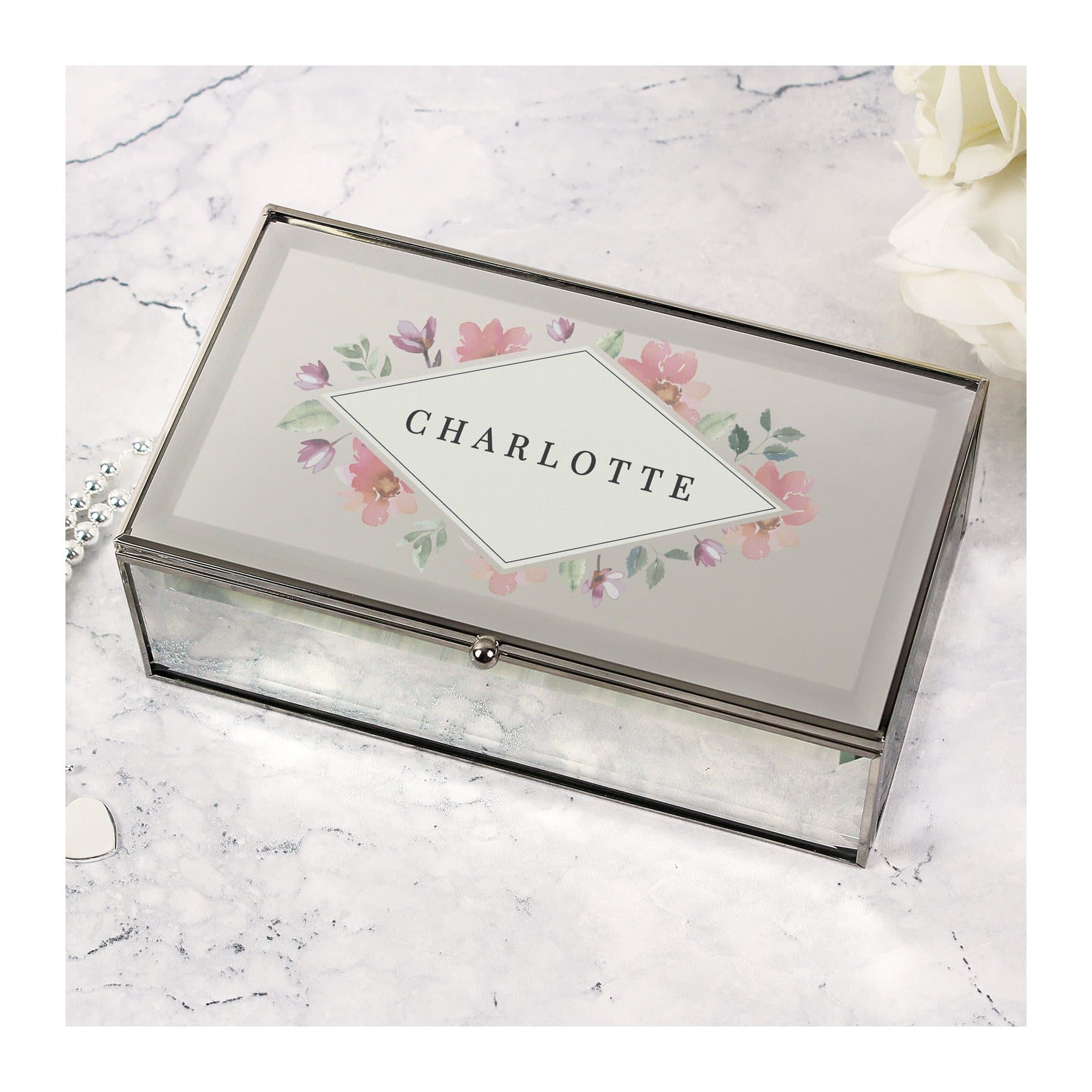 Floral watercolour mirrored jewellery box personalised with one line of text