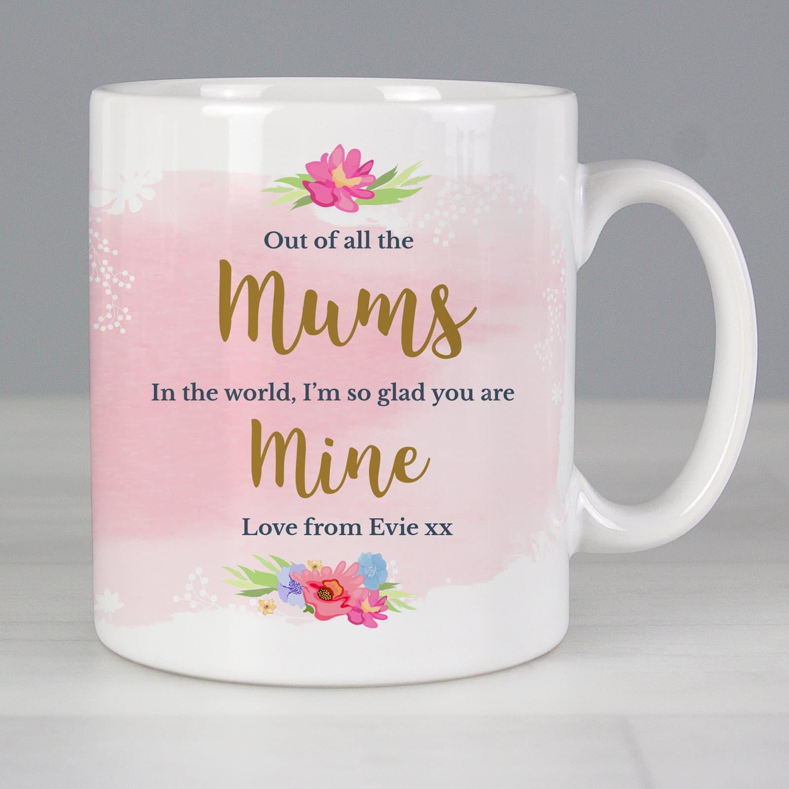 Personalised ceramic mug with a floral watercolour design