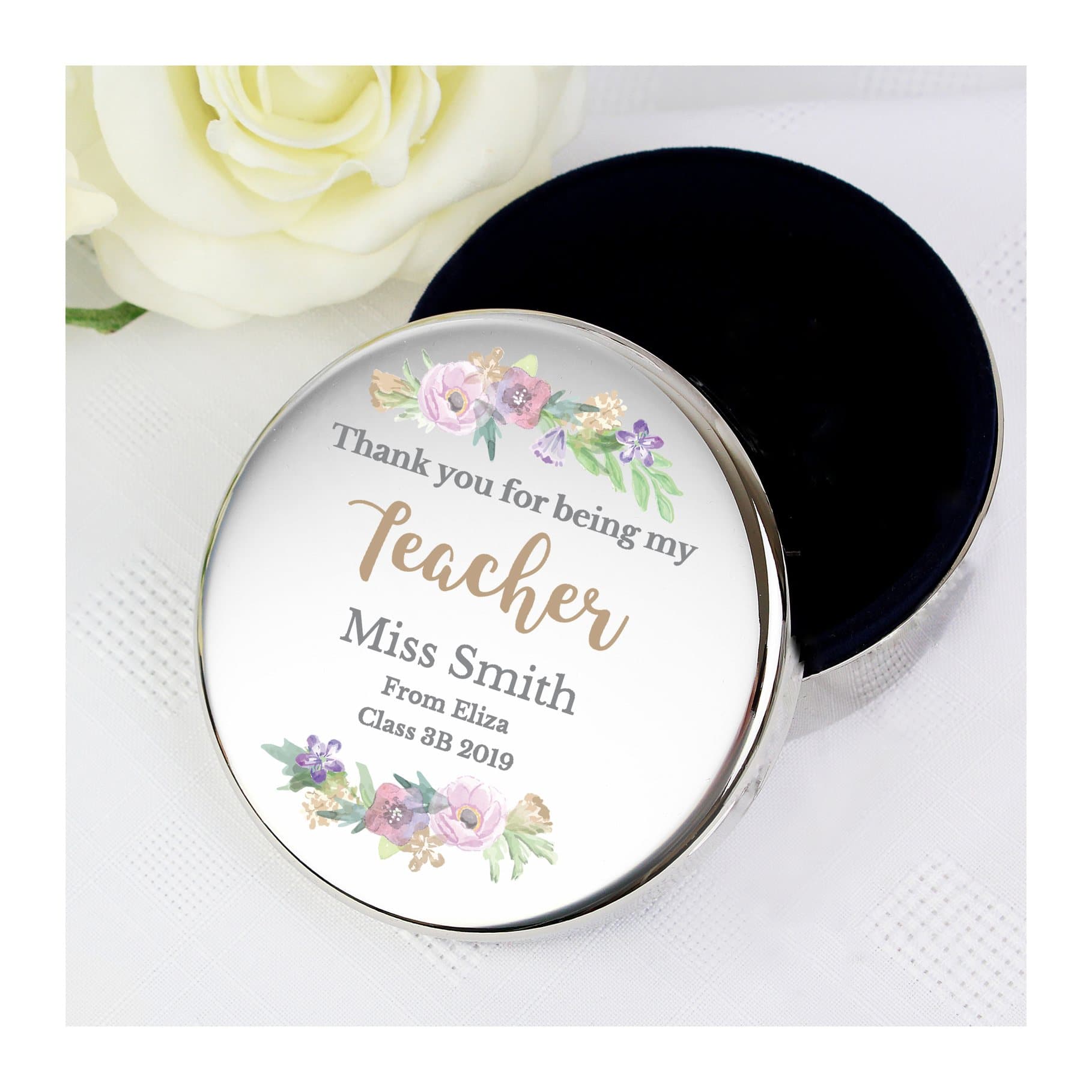 Round floral watercolour trinket box personalised with five lines of text