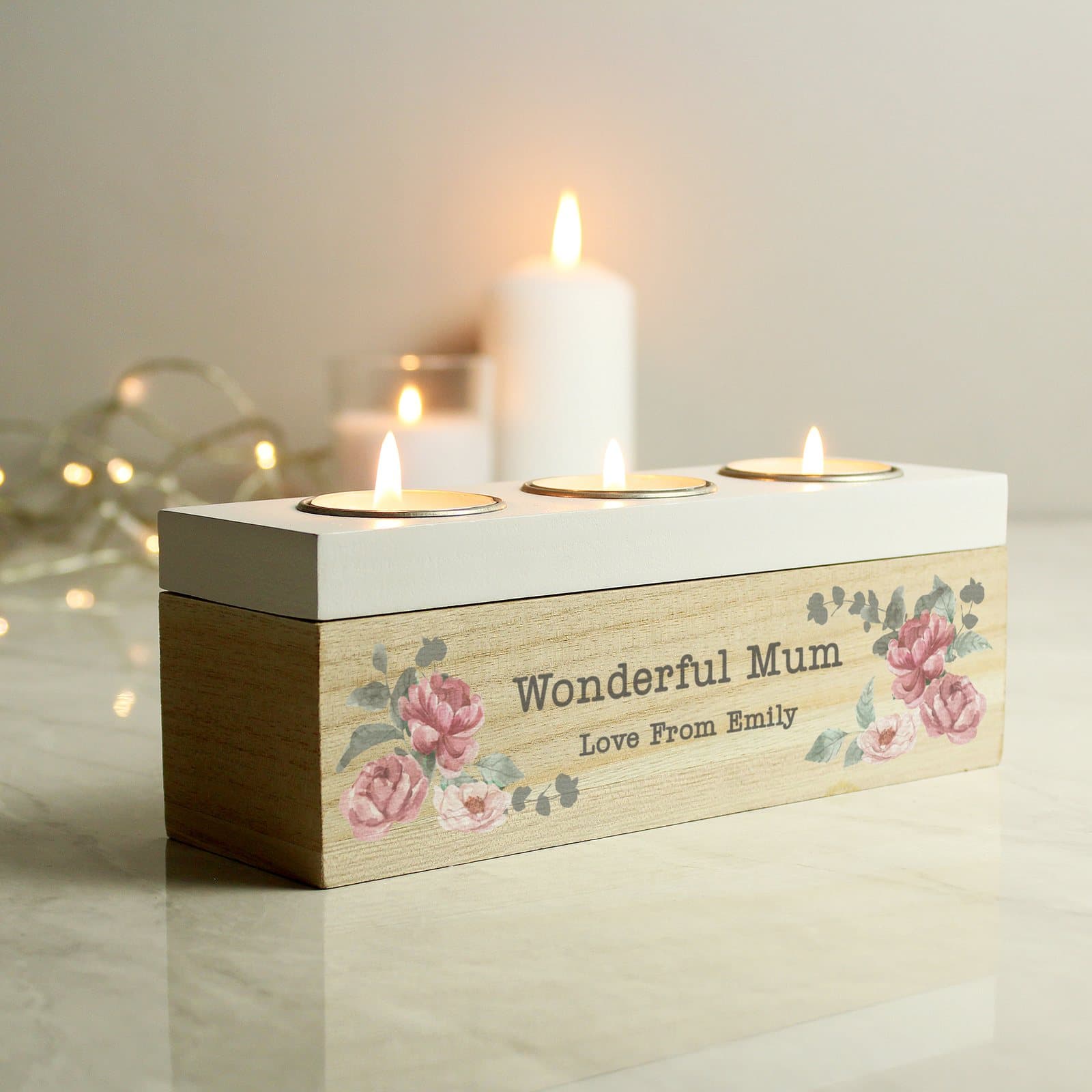 Personalised floral watercolour wooden triple tealight box with a lid for three tea lights