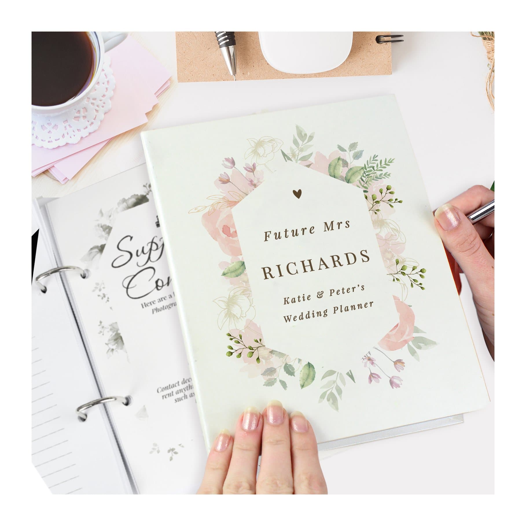 Personalised floral watercolour ring-bound wedding planner