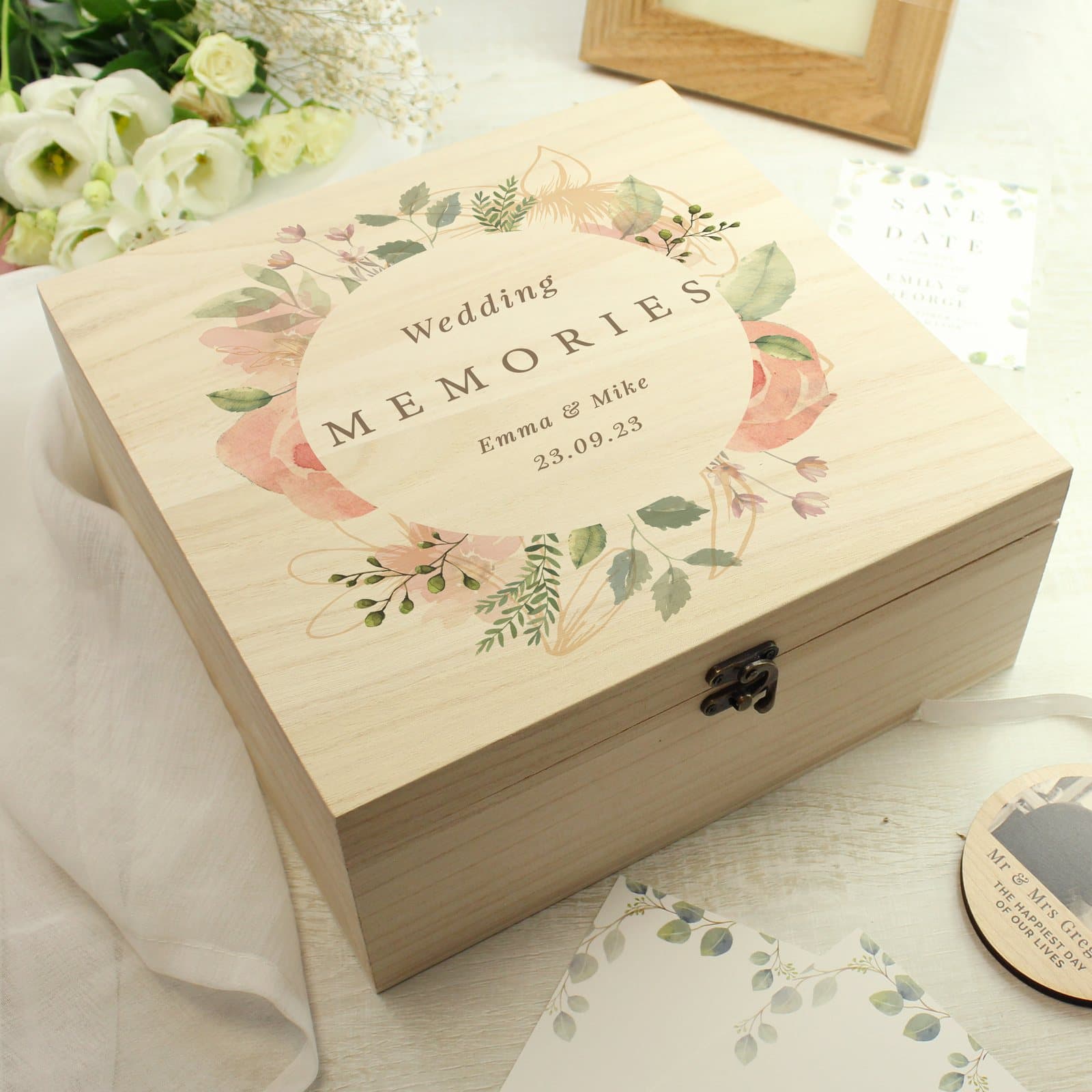 Large floral watercolour wooden keepsake box with a metal clasp and personalised text