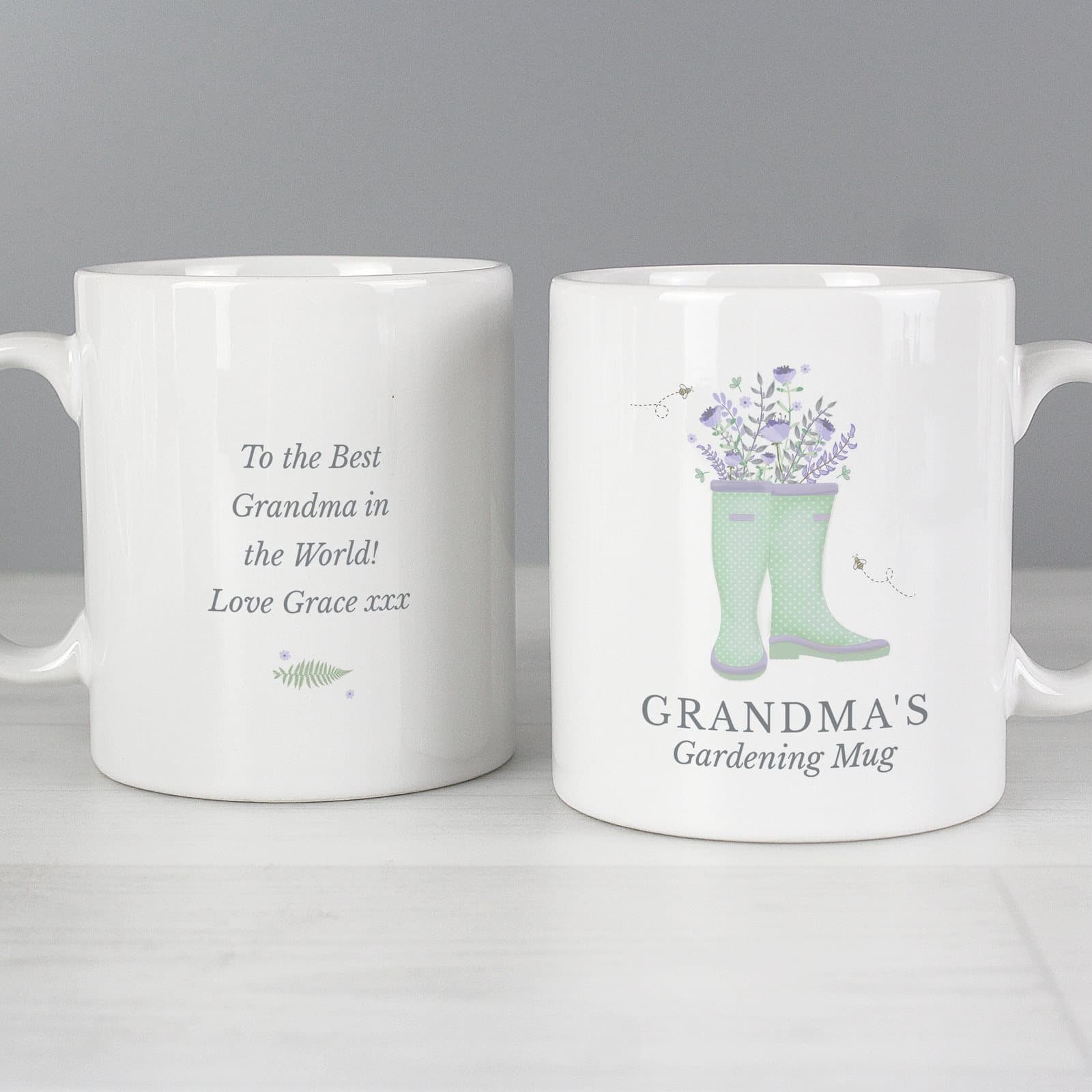 Personalised ceramic mug with a floral wellies design
