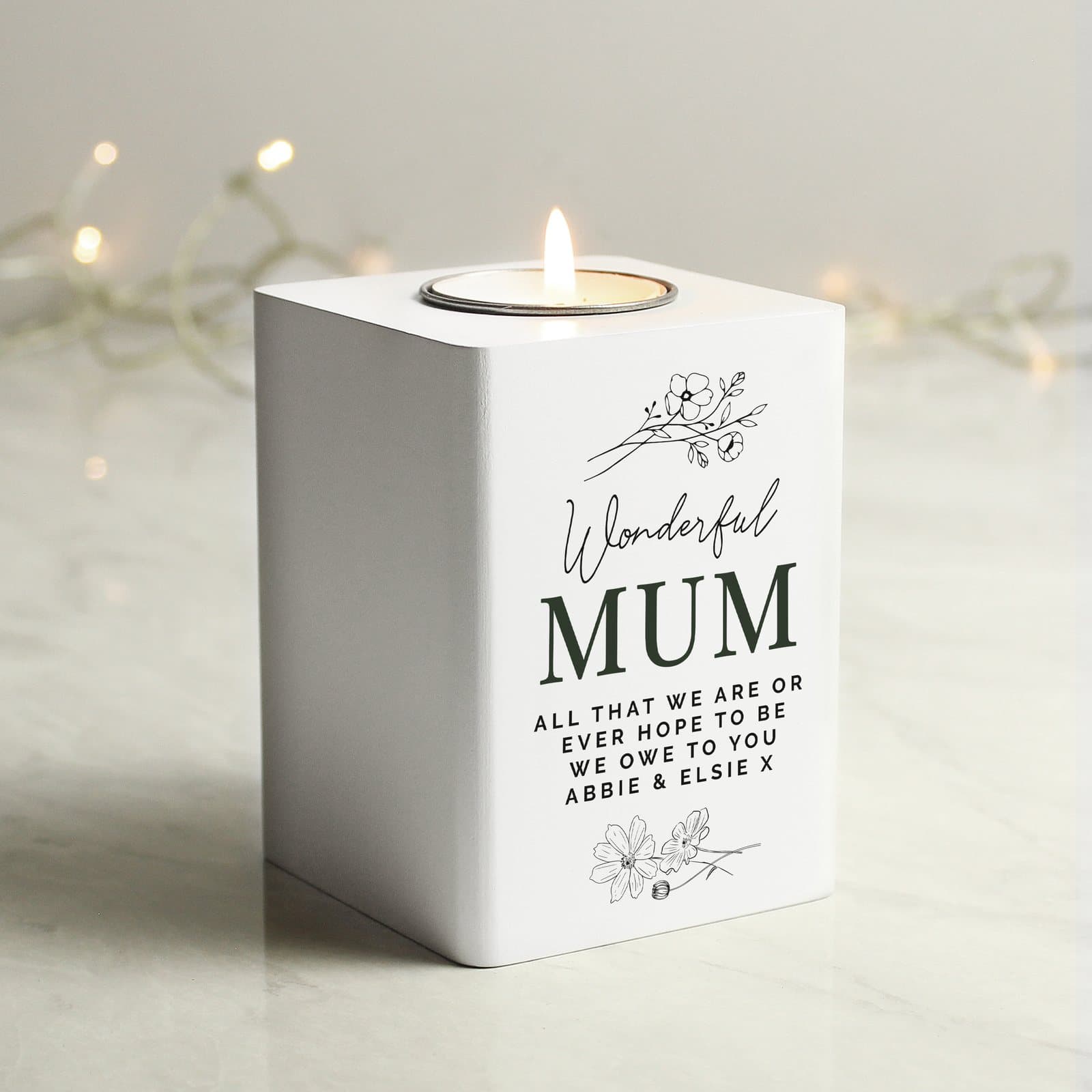 Personalised floral white wooden tea light holder with script and lines of text