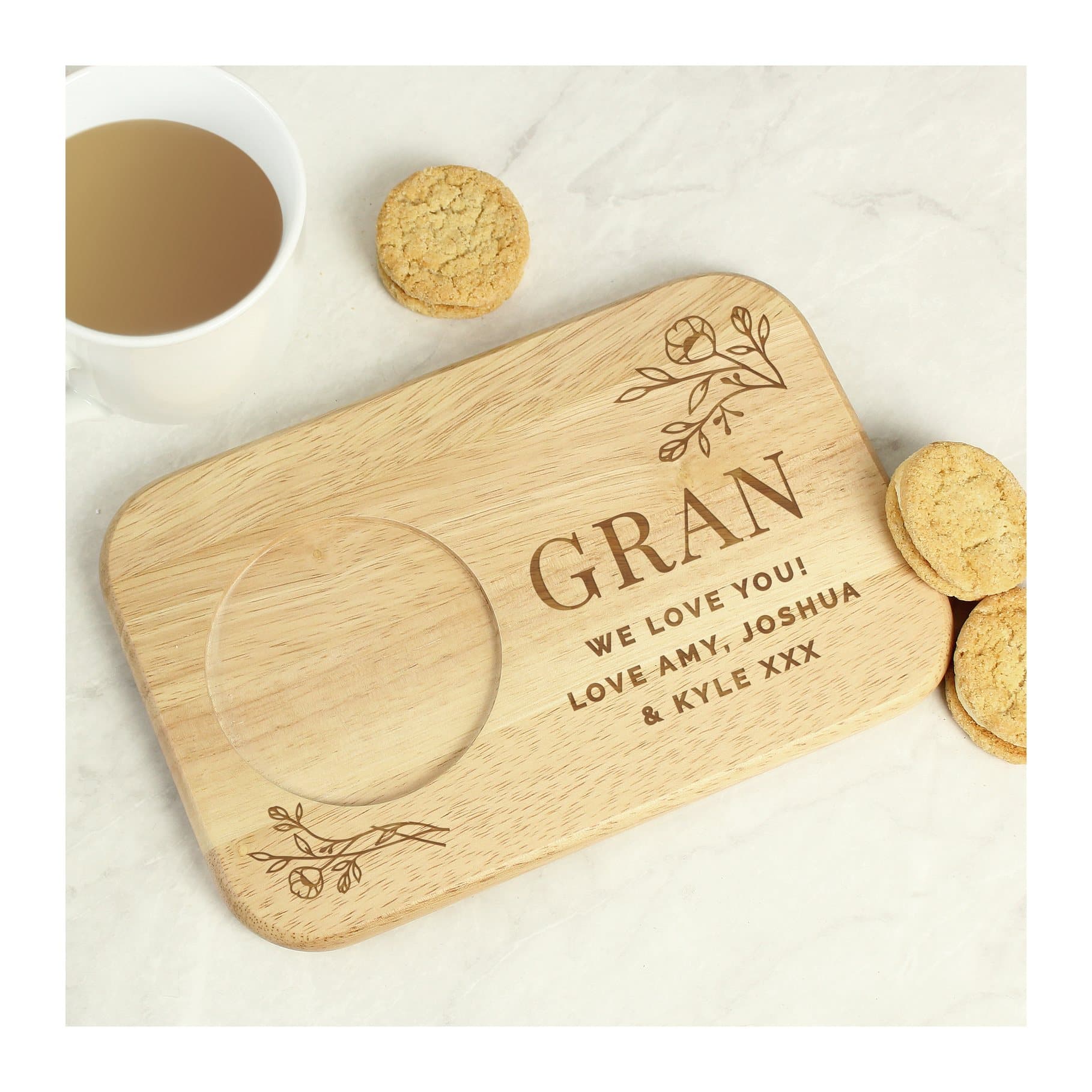 Wooden floral coaster tray with a circular drink groove and personalised text