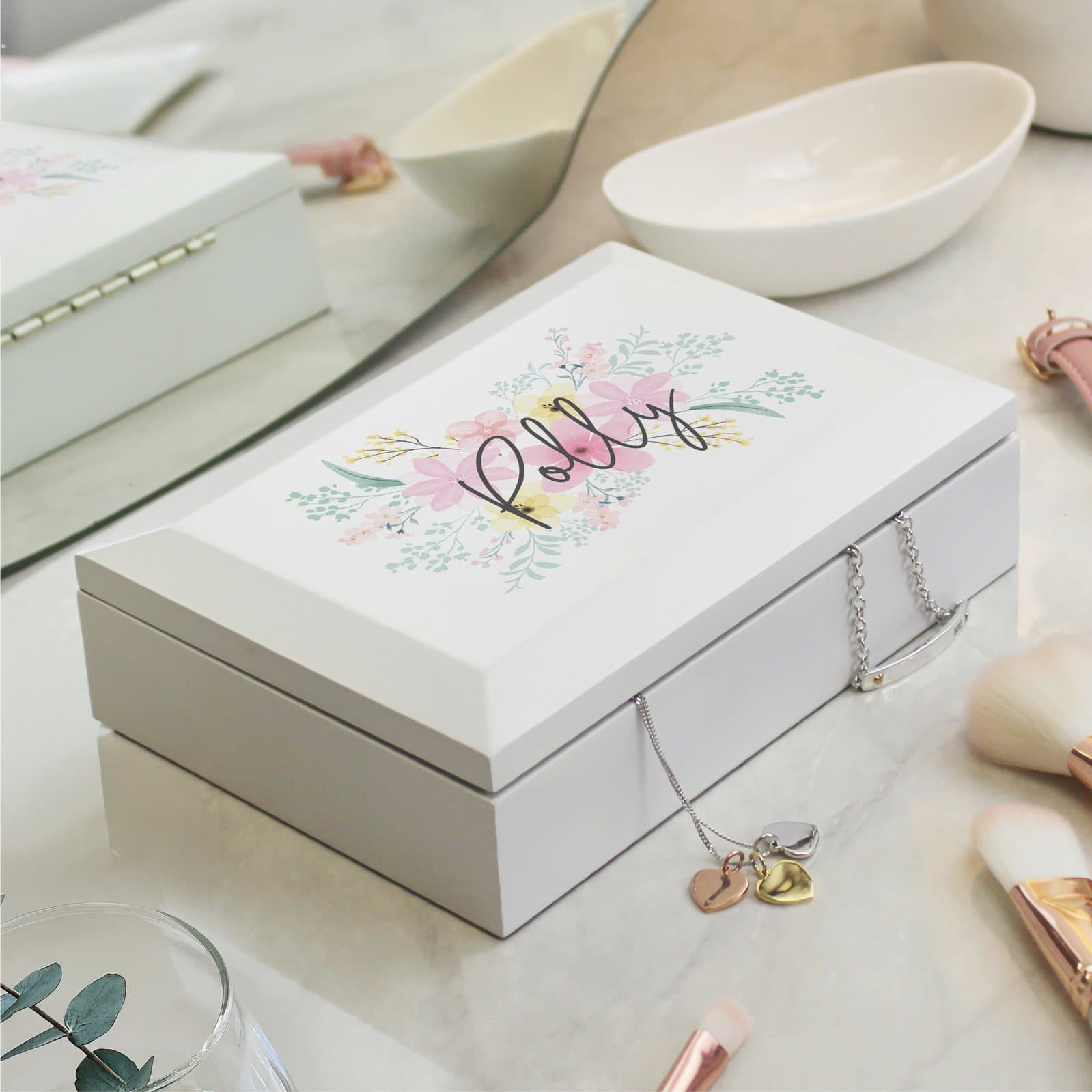 Wooden floral jewellery box personalised with a name in script lettering