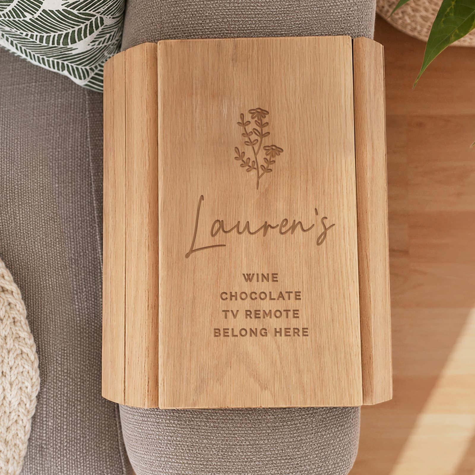 Wooden sofa tray with a floral design and personalised name