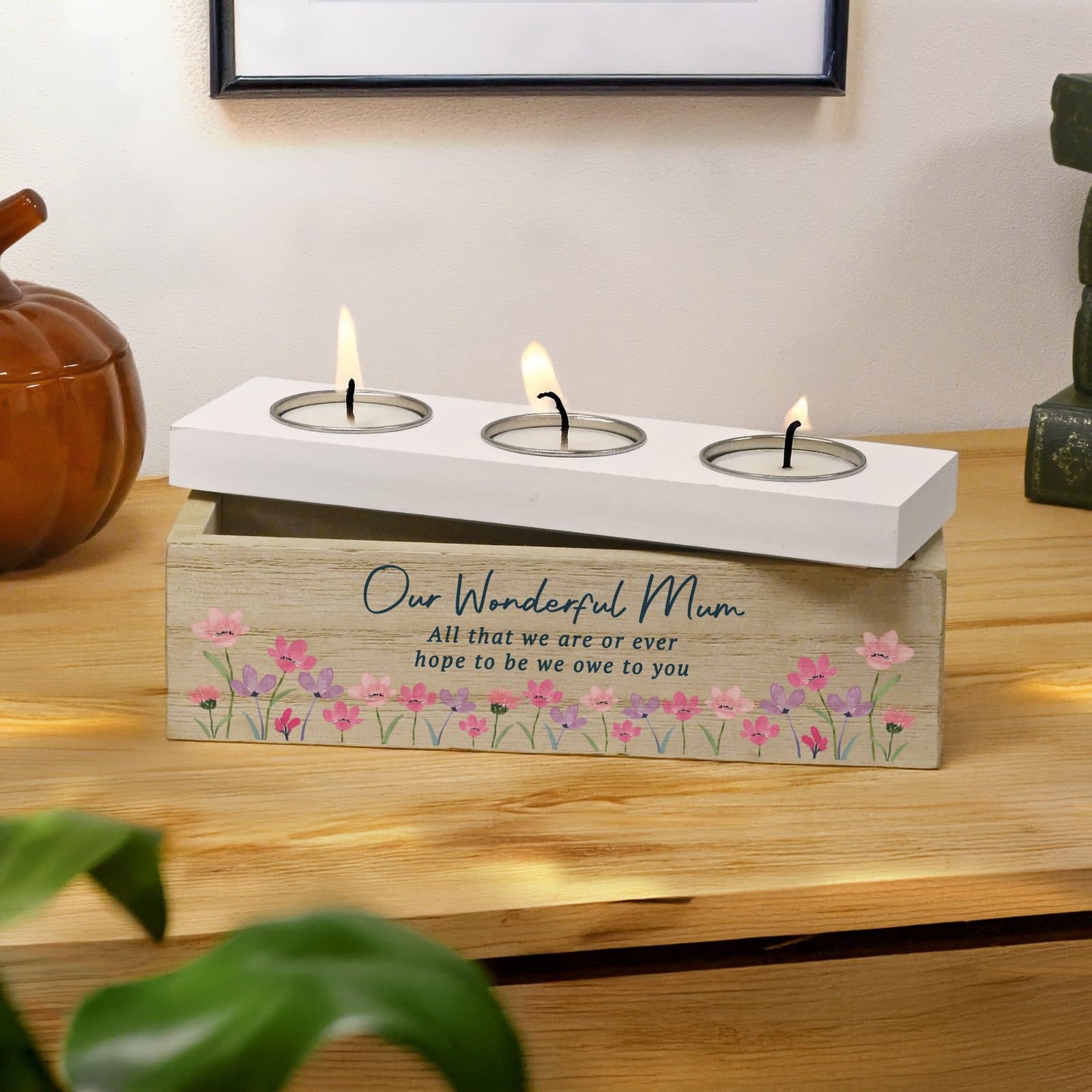 Personalised floral wooden triple tea light box with a sweet floral design