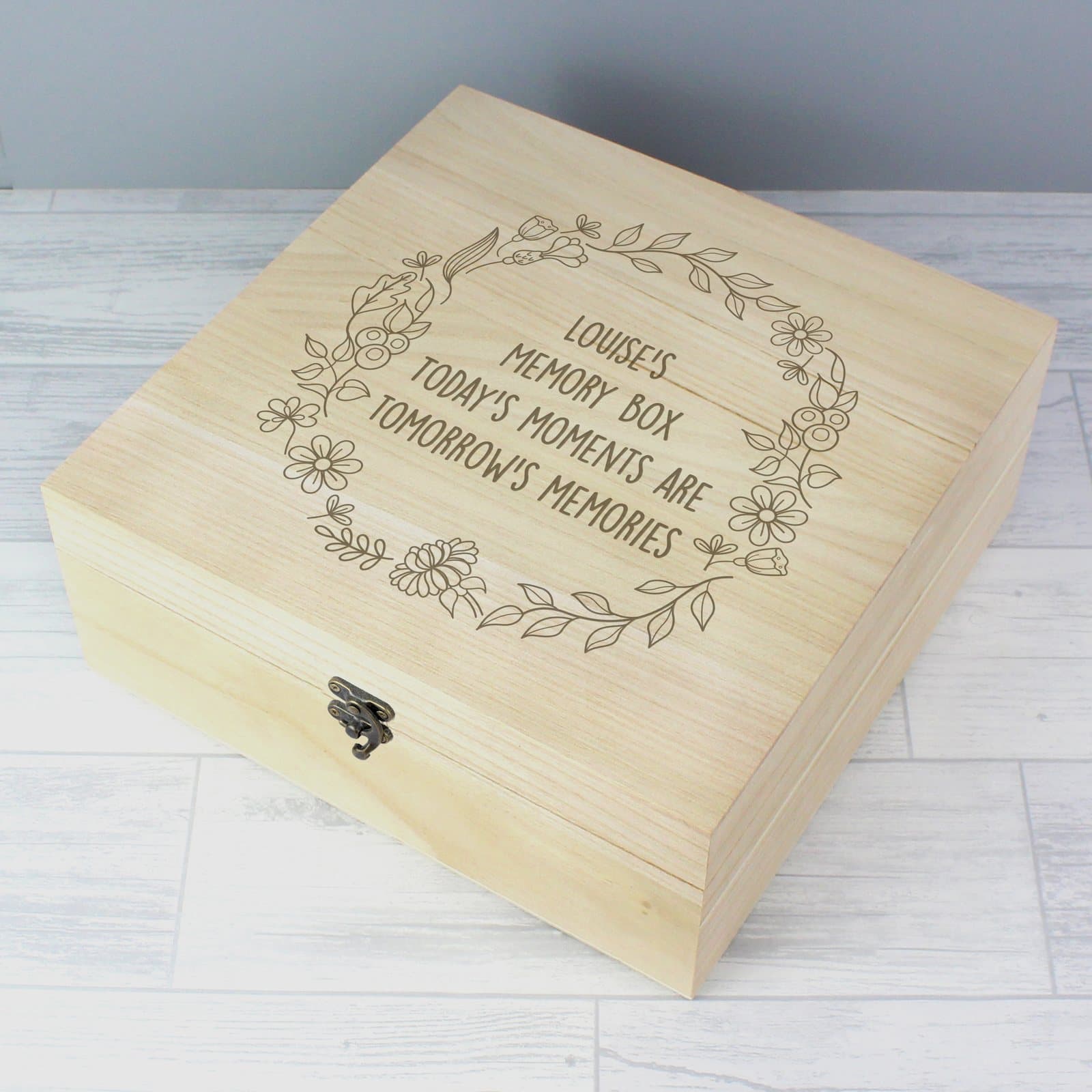 Large wooden keepsake box with a floral wreath design and personalised lines