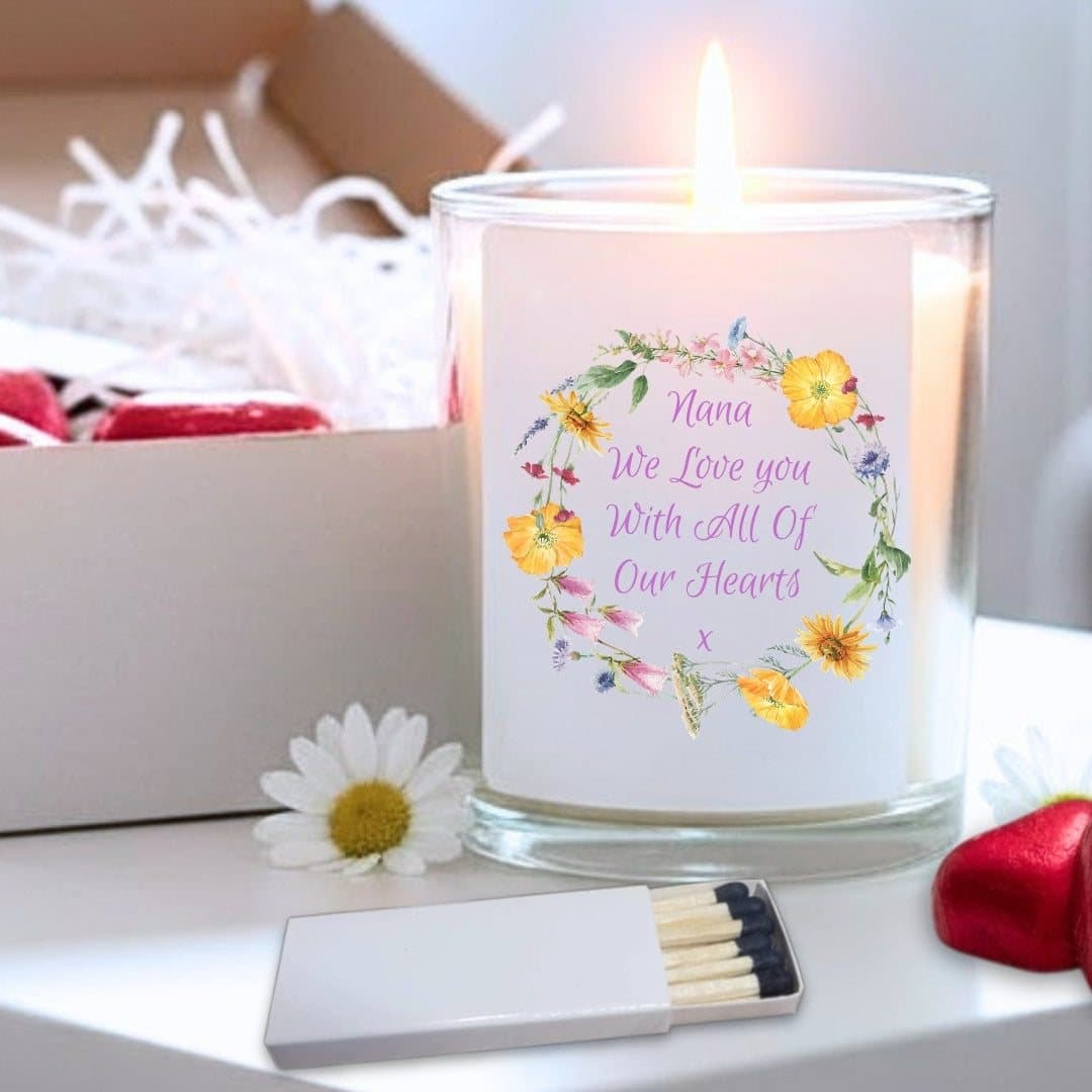 Personalised flower circle candle gift set with yellow, pink and purple flowers