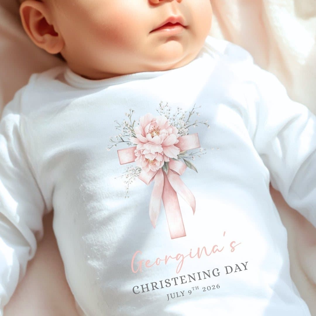Personalised christening baby grow with a cross and pink flowers design