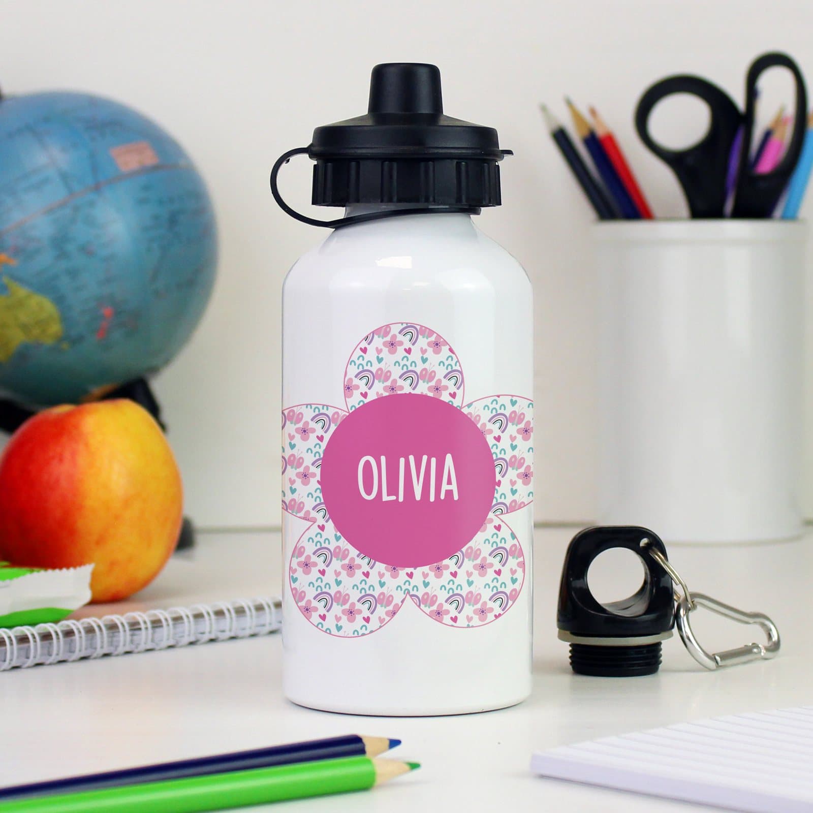 Personalised flower design drinks bottle with a printed name