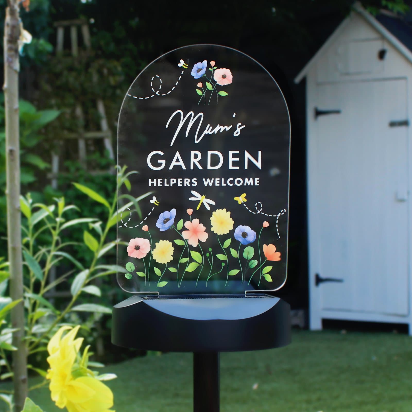 Personalised flower garden solar light sign on a ground stick
