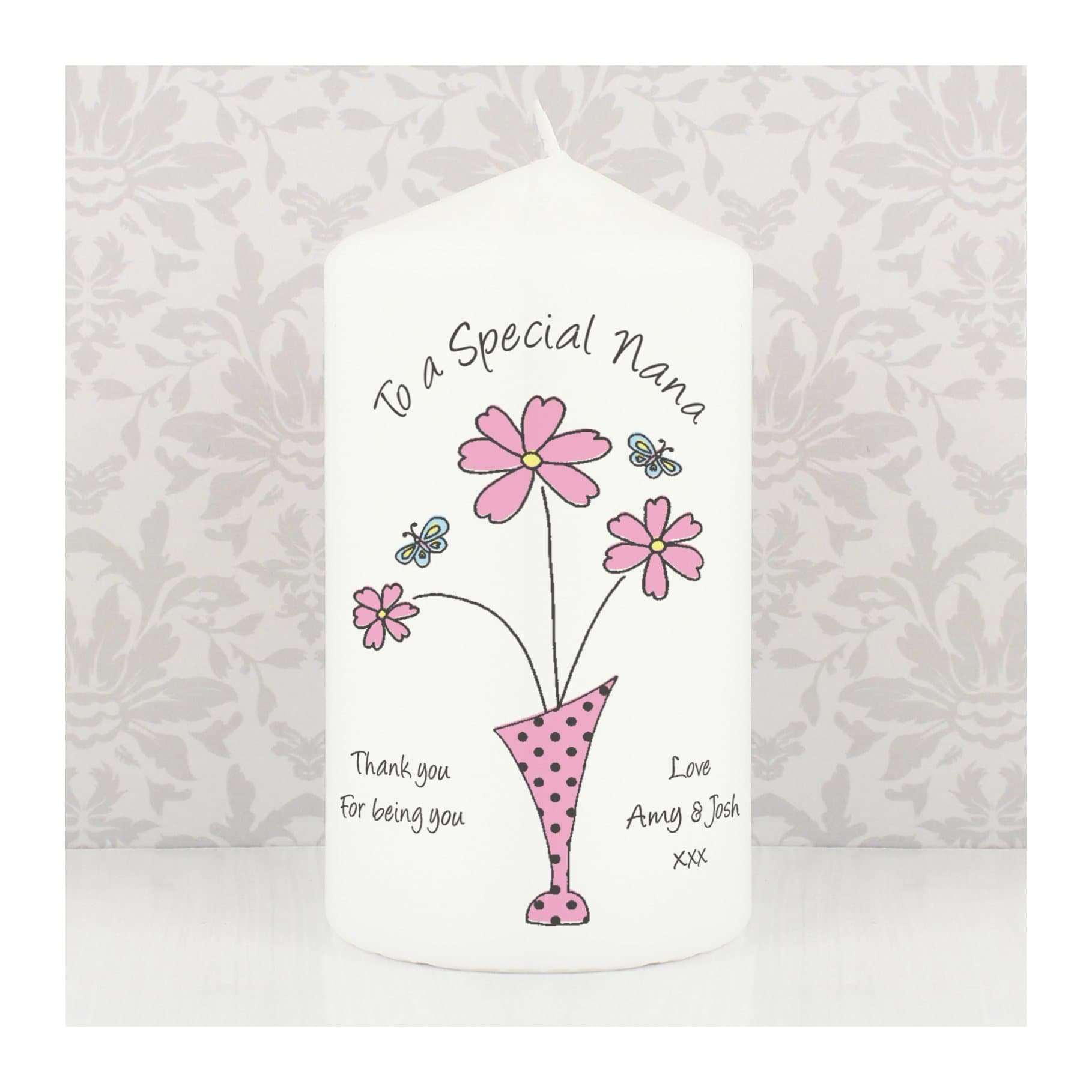 Pillar candle with a flower in vase design and personalised text