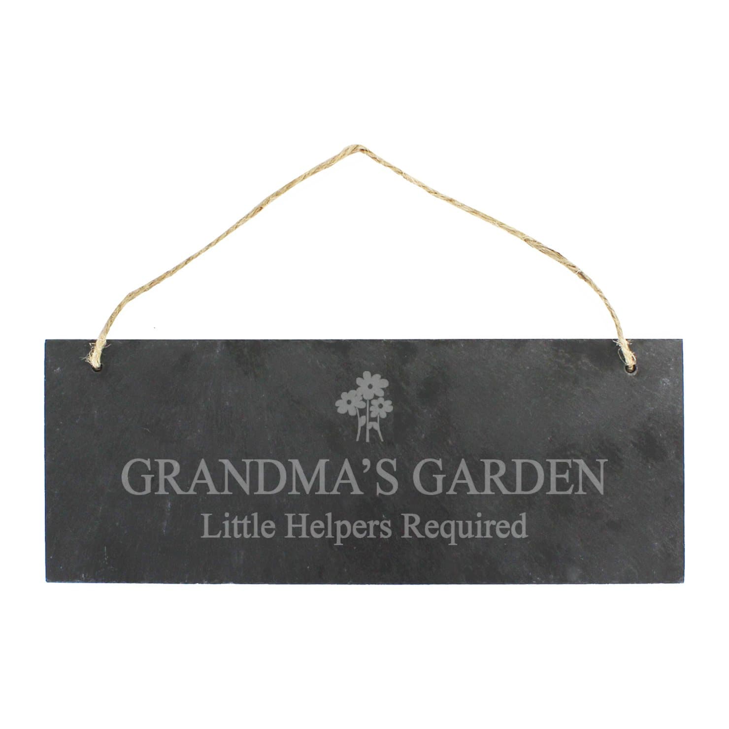 Hanging slate plaque with a flower motif above personalised text