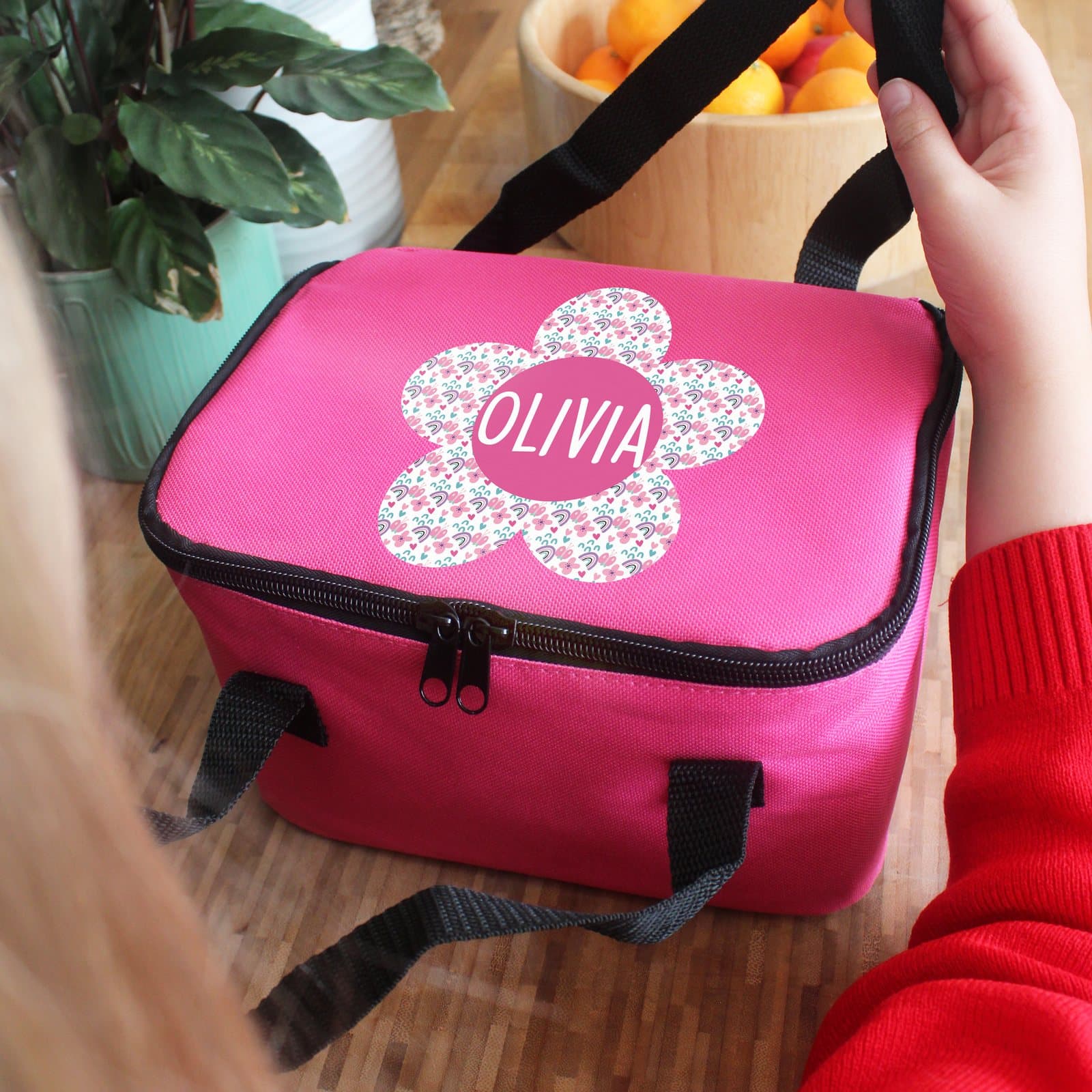 Pink flower lunch bag with two carry straps