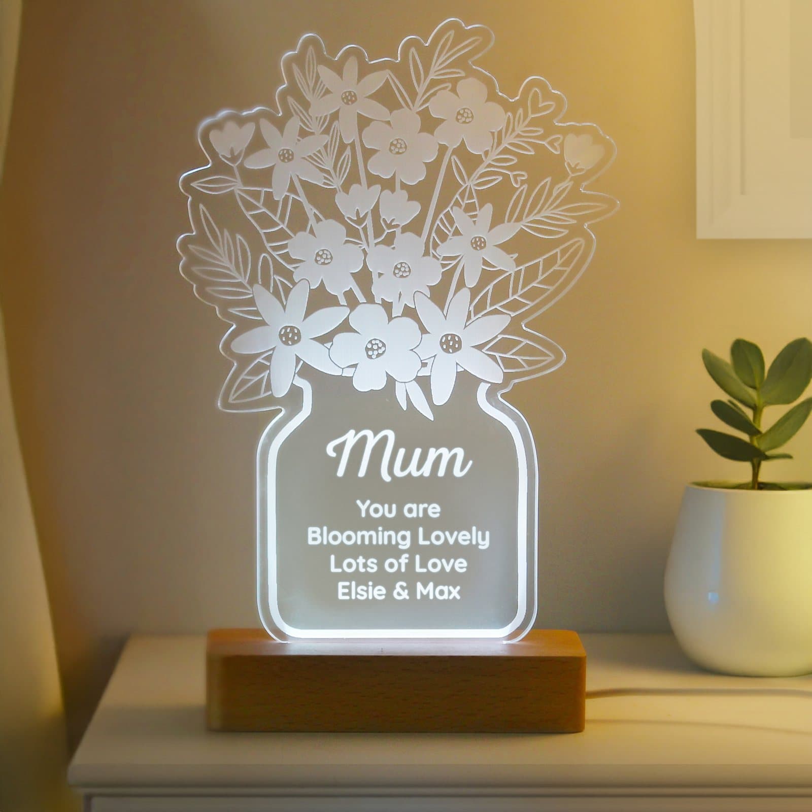 Personalised flower vase LED light with a name and lines of text
