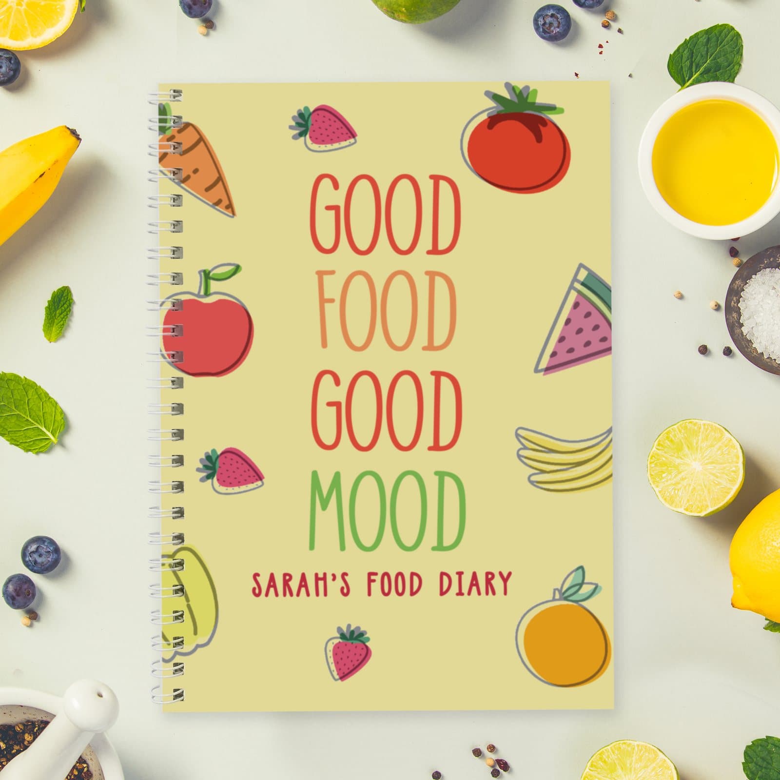Personalised A5 softback food diary with Good Food Good Mood on the cover